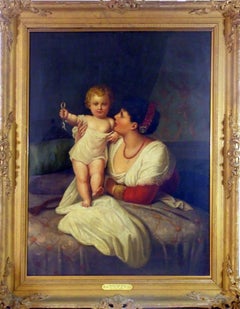 Grande peinture à l'huile du 19ème siècle représentant un portrait, intitulée « Mère et enfant » par G. Girroti