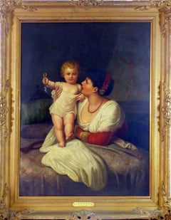 Large 19th Century Portrait Oil Painting by G. Girroti Entitled “Mother & Child”