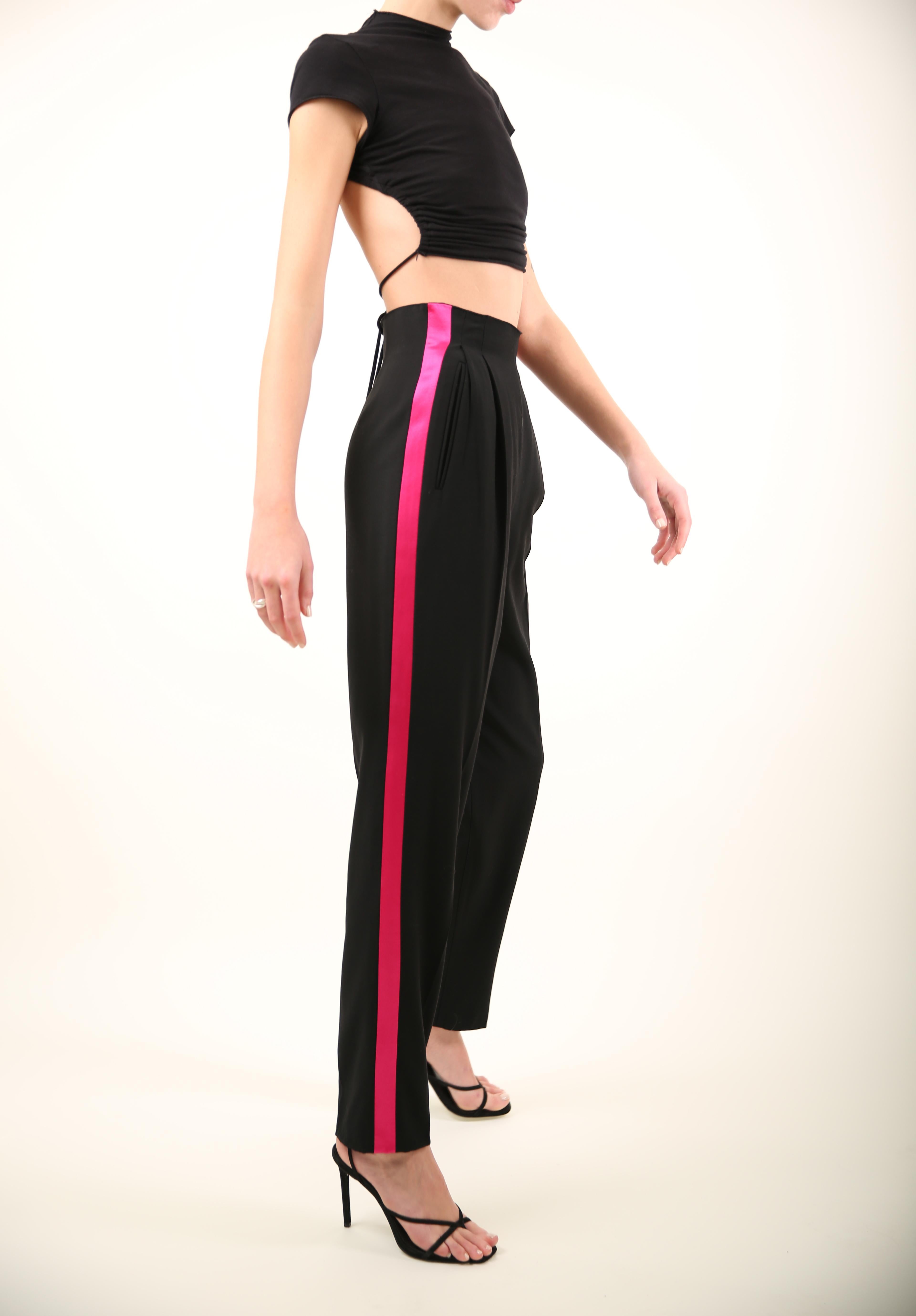 Gianfrano Ferre vtg black wool pink side satin stripe high waisted tuxedo pants  For Sale 2