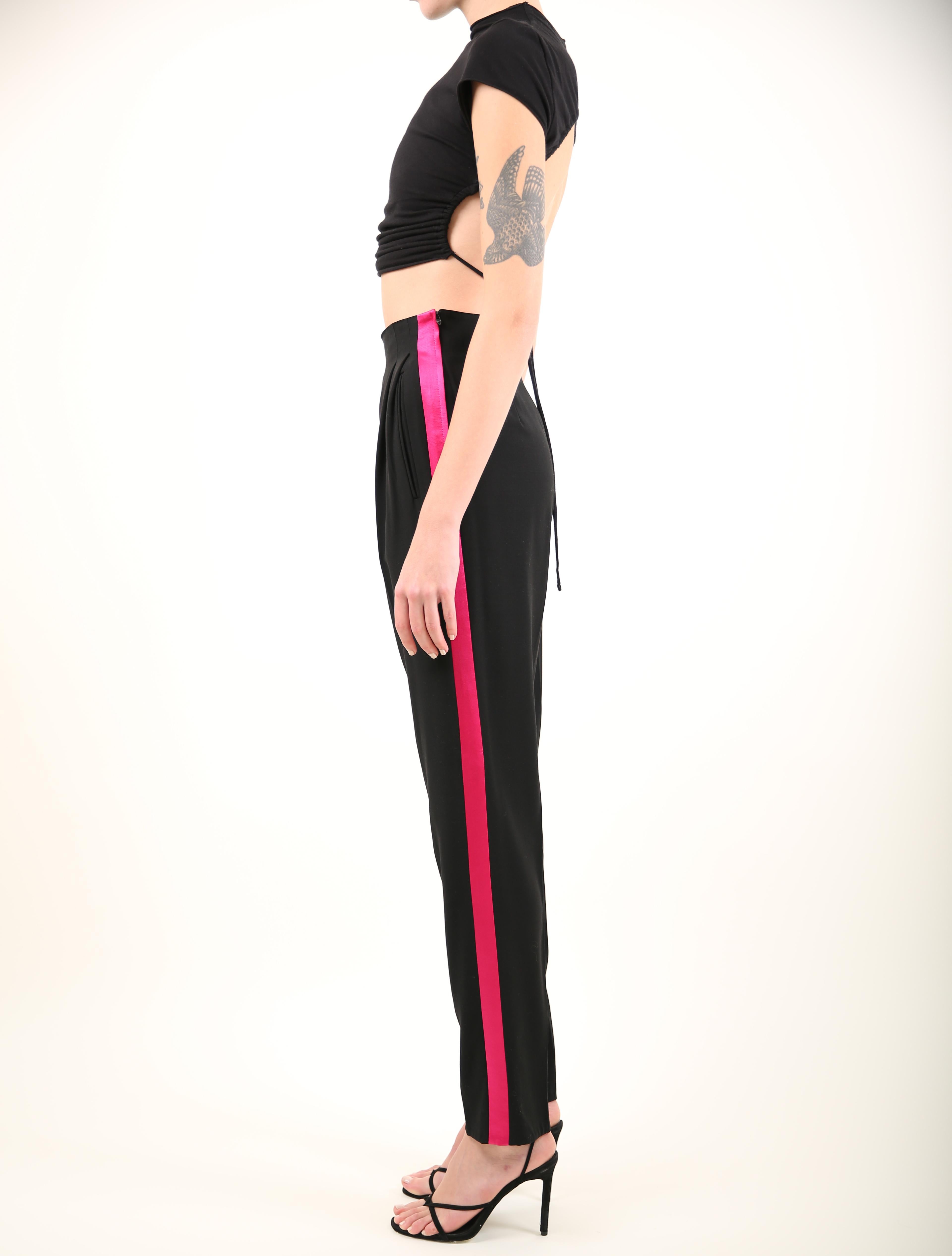 Gianfrano Ferre vtg black wool pink side satin stripe high waisted tuxedo pants  For Sale 3