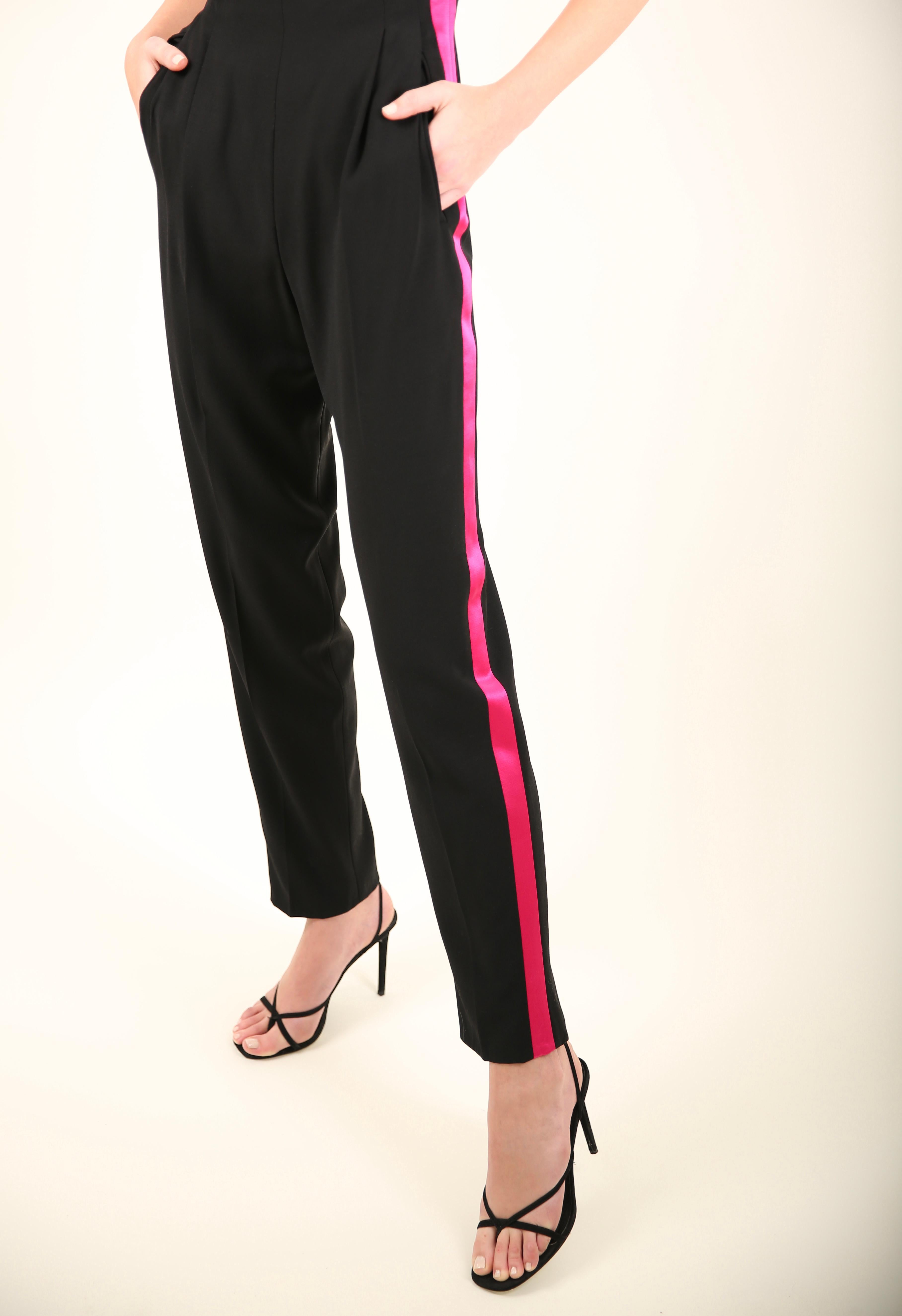 Gianfrano Ferre vtg black wool pink side satin stripe high waisted tuxedo pants  For Sale 1