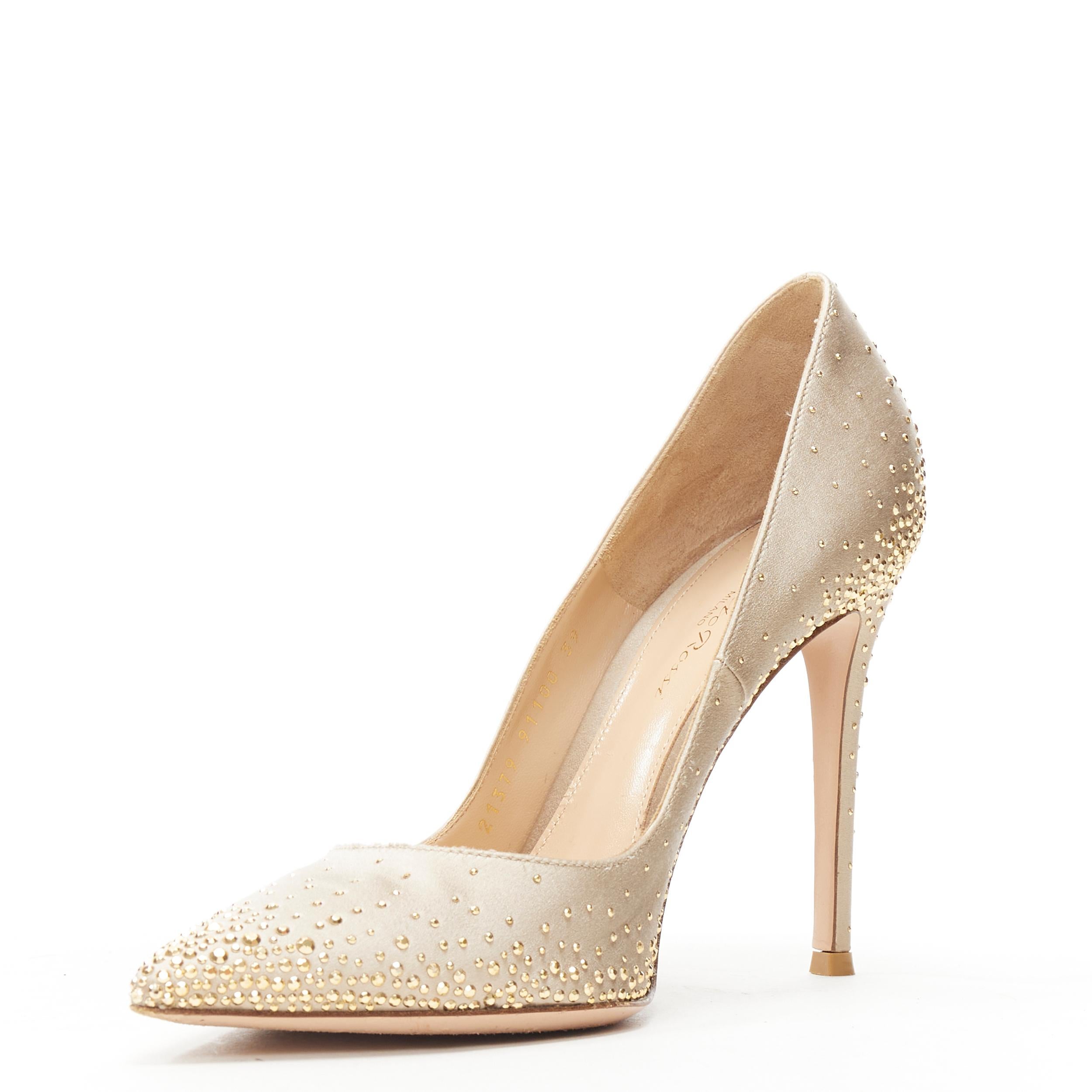 GIANIVITO ROSSI champagne gold satin silk gold studded pigalle pump heel EU39 In Good Condition In Hong Kong, NT