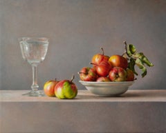 Contemporary still life, red apples and water glass. Exquisite oil on board 