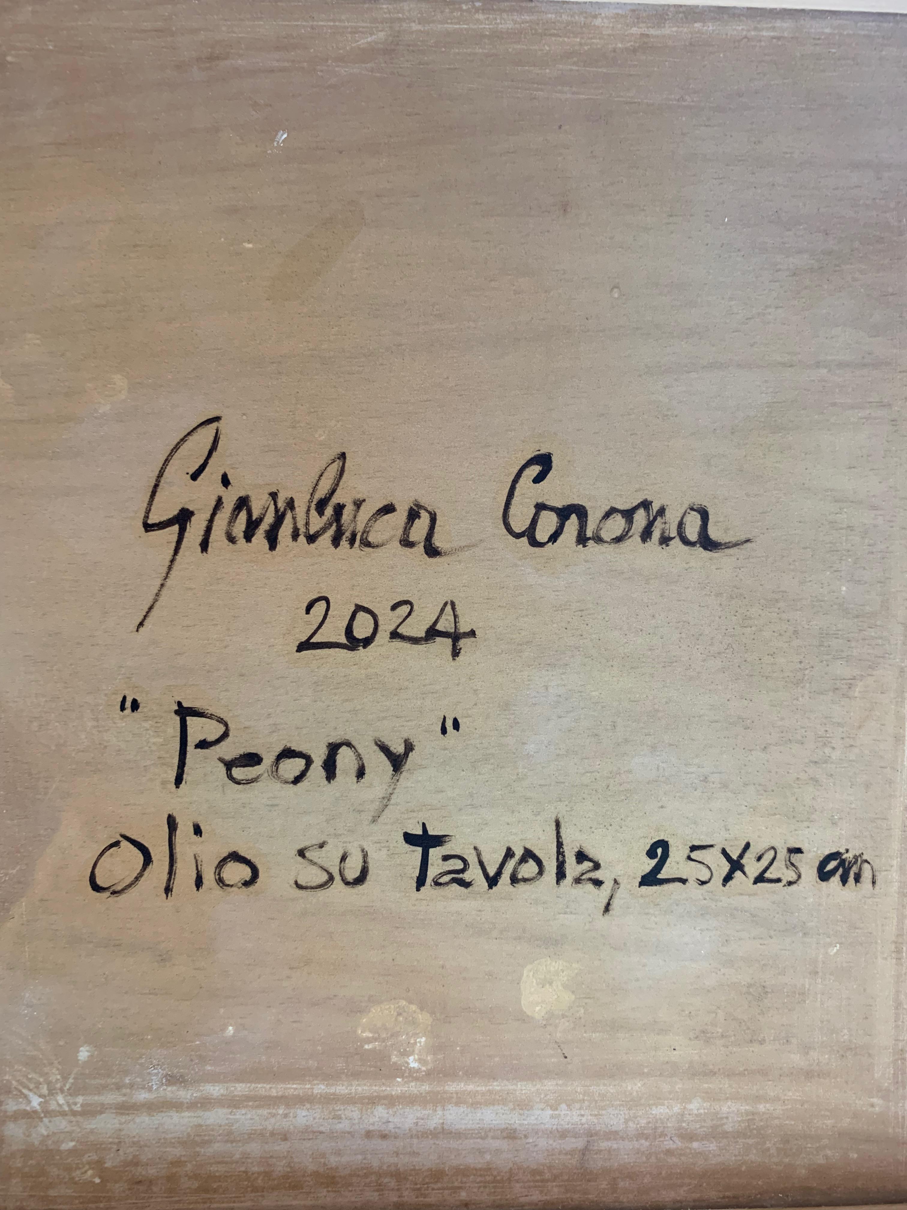 Bodegón contemporáneo rosa peonía tumbada sobre una piedra fina pintura al óleo 3