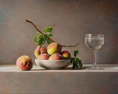 Contemporary peaches still life, painting delicate straw yellow and pink tones 