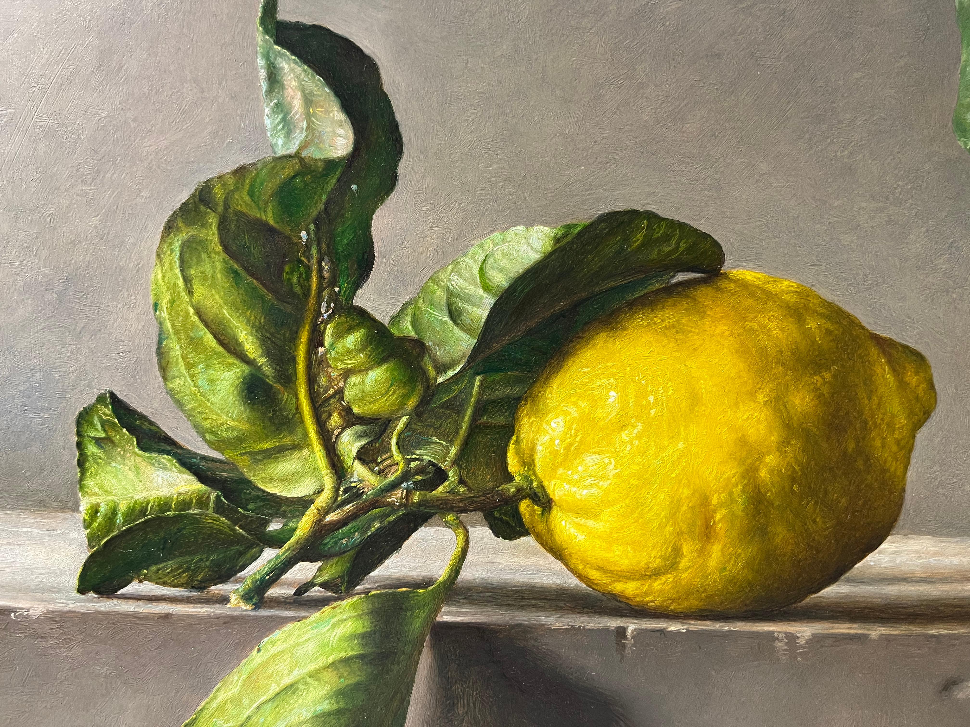 Traditional  and contemporary still life with Italian yellow lemons - Painting by Gianluca Corona