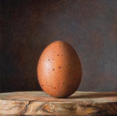 Elegant still life of egg and wood with black background by fine italian painter
