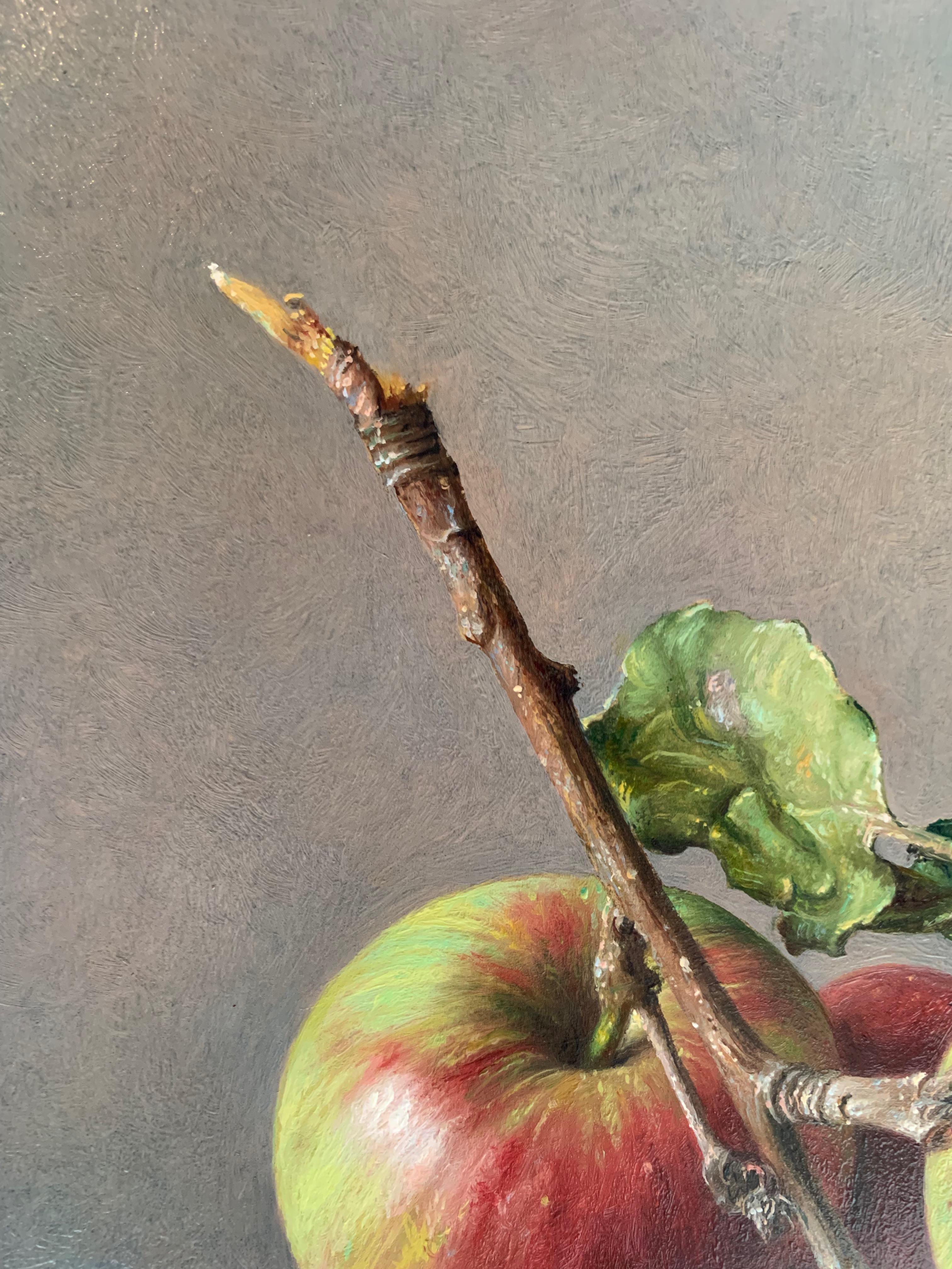 Finely oil painted still life with tiny red-and-green apples on a stone surface - Realist Painting by Gianluca Corona