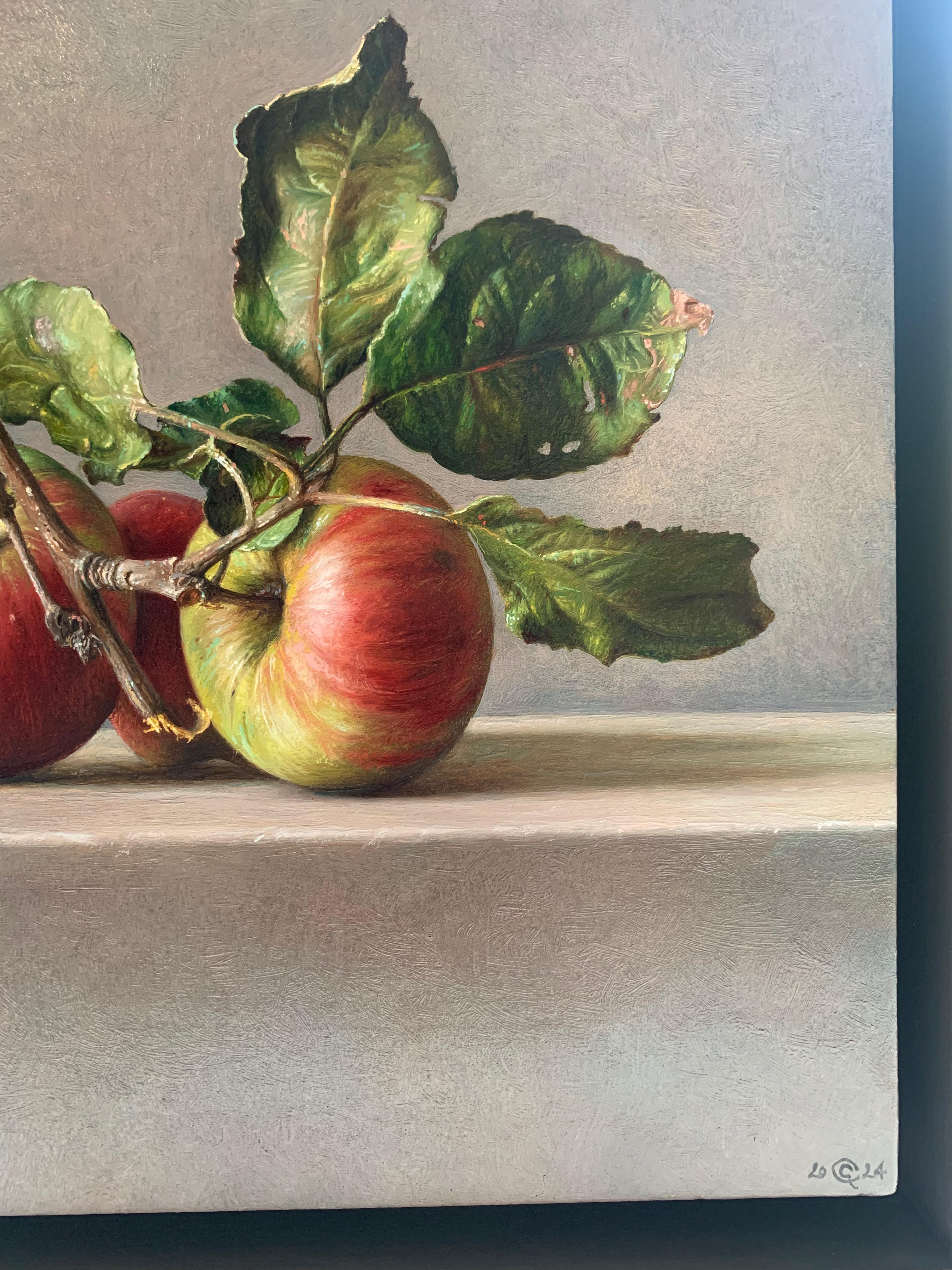 Finely oil painted still life with tiny red-and-green apples on a stone surface - Brown Still-Life Painting by Gianluca Corona