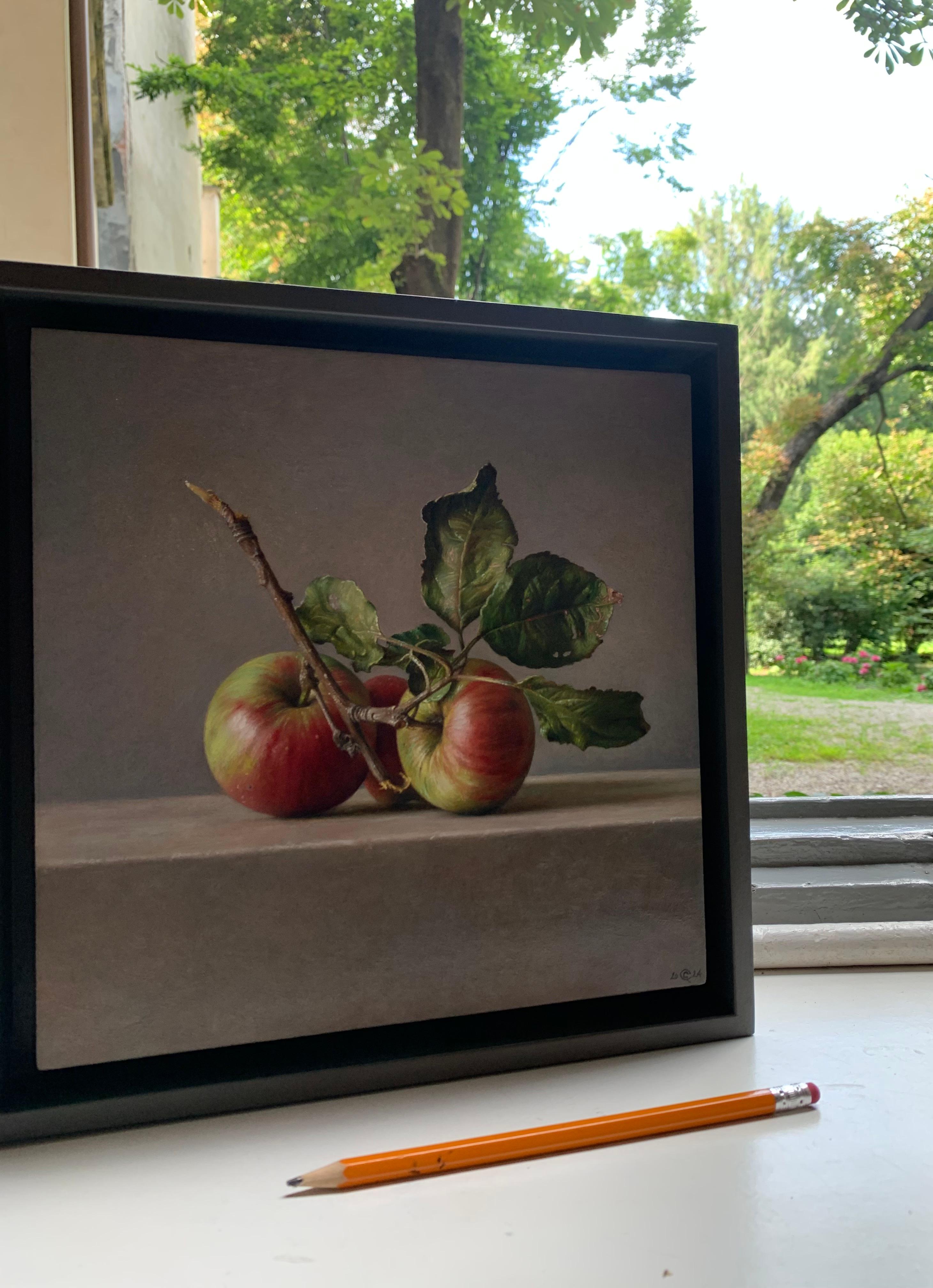 This exquisite still life with apples is finely oil painted and extremely delicate in all its color nuances. Thanks to Gianluca Corona's mastery of the highest tradition of Italian still life painting his apples are so real that you can almost touch