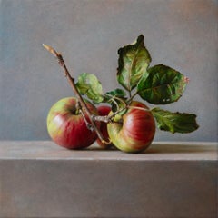 Finely oil painted still life with tiny red-and-green apples on a stone surface