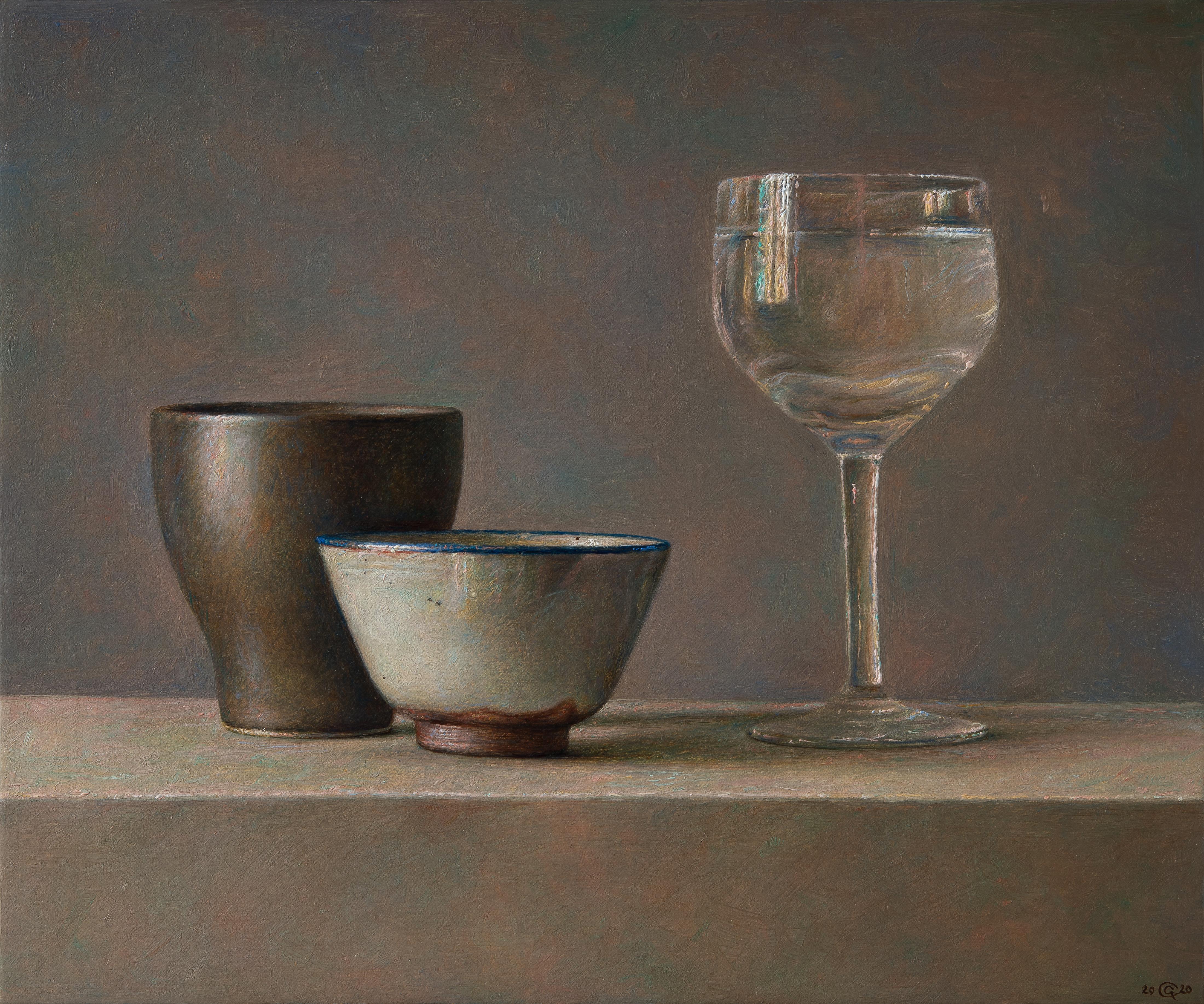 Gianluca Corona Figurative Painting - glass with water, kitchen still life painting by expert italian painter 