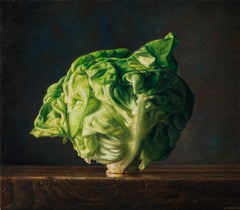 Green lattuce still life over black background by fmaster italian oil painter