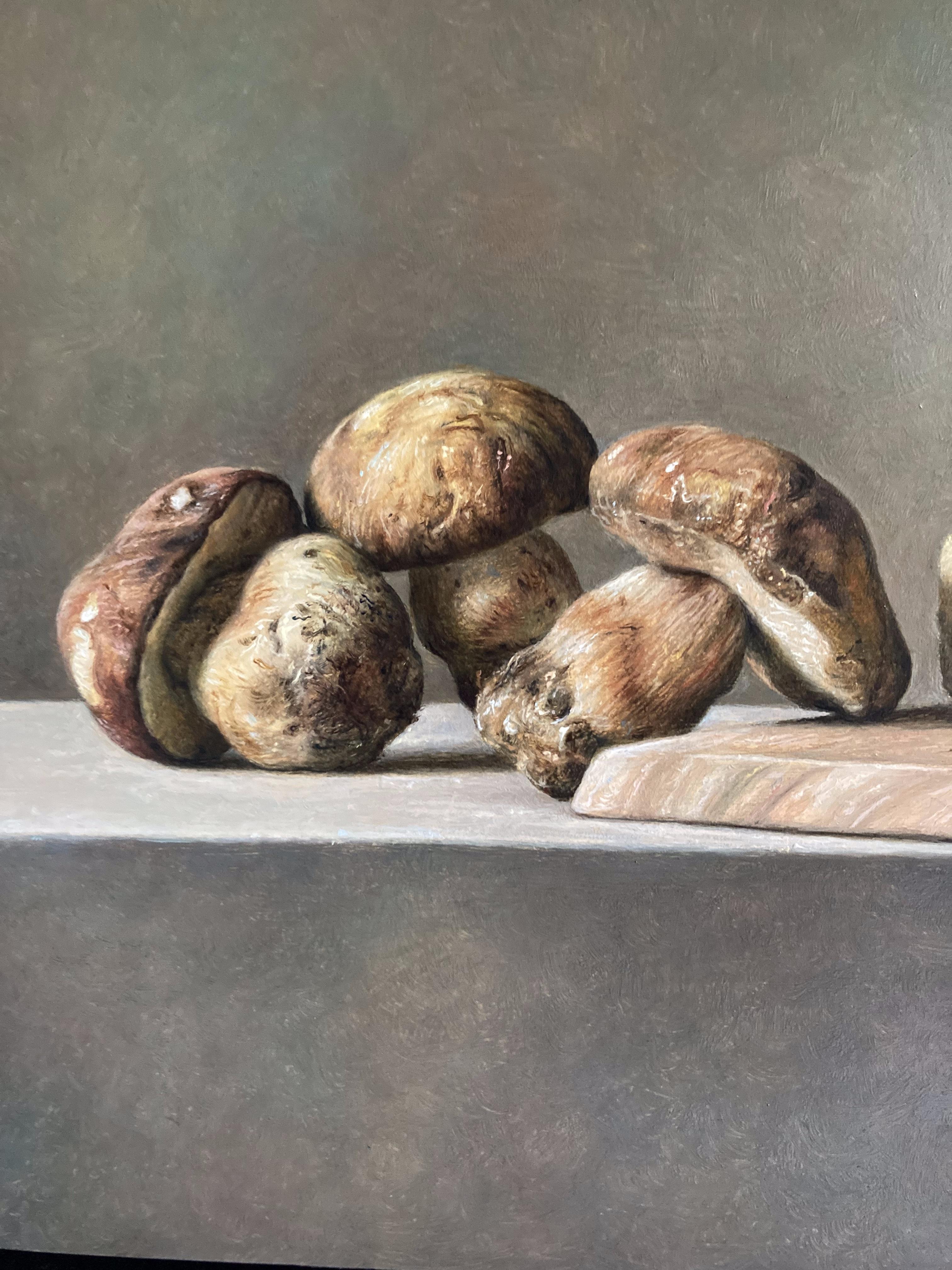 Masterful still life painting of italian food with mushrooms, whine and cheese - Painting by Gianluca Corona