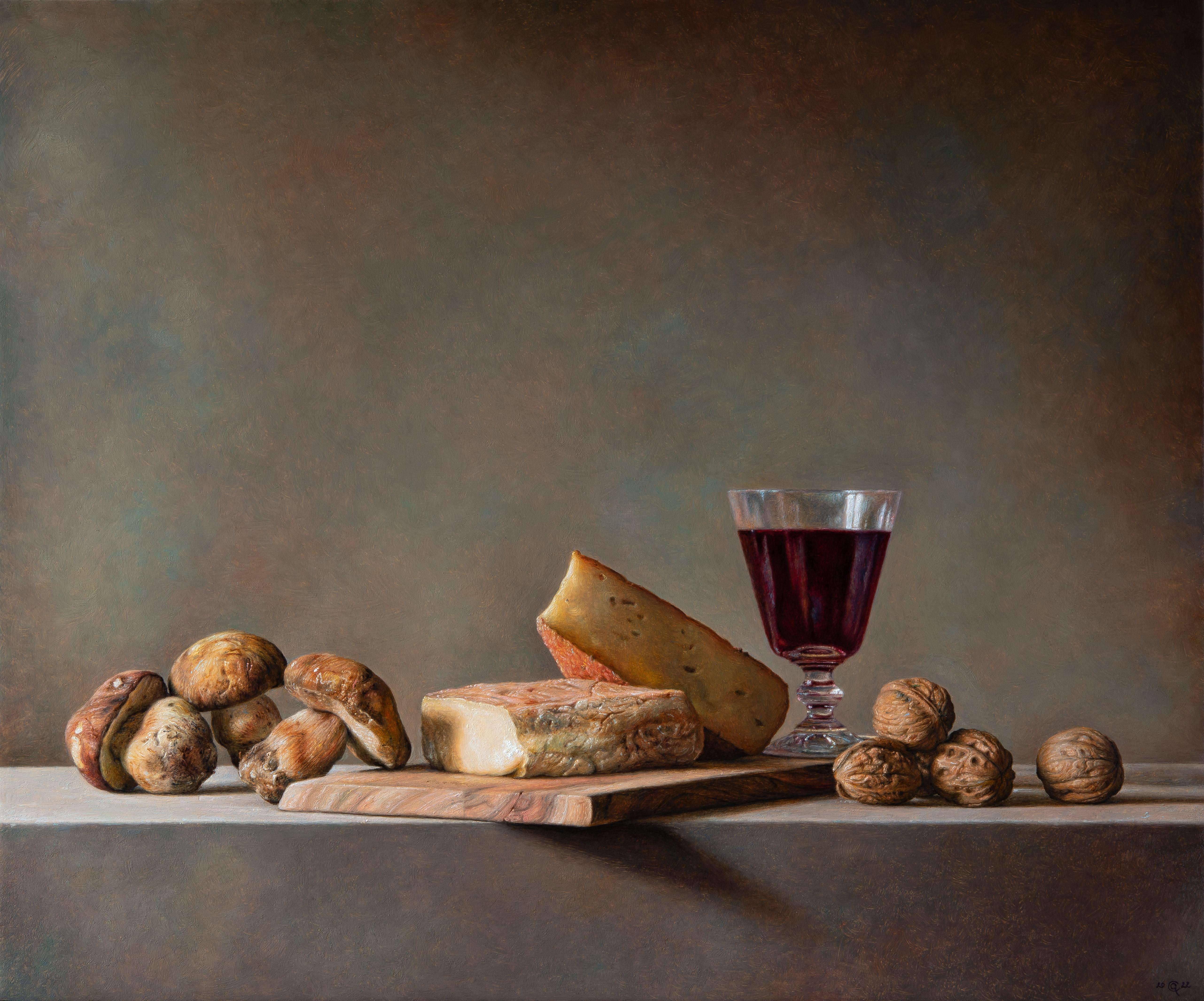 Gianluca Corona Figurative Painting - Masterful still life painting of italian food with mushrooms, whine and cheese