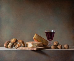 Masterful still life painting of italian food with mushrooms, whine and cheese