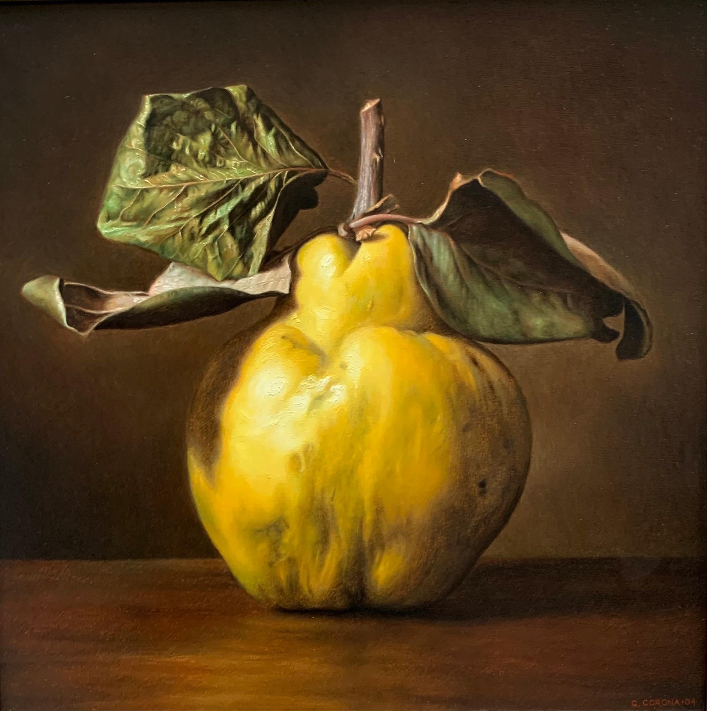Gianluca Corona Still-Life Painting - Mediterranean fruit still life of black and yellow by master italian painter