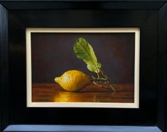 Mediterranean still life of fruit in yellow and black by fine Italian painter