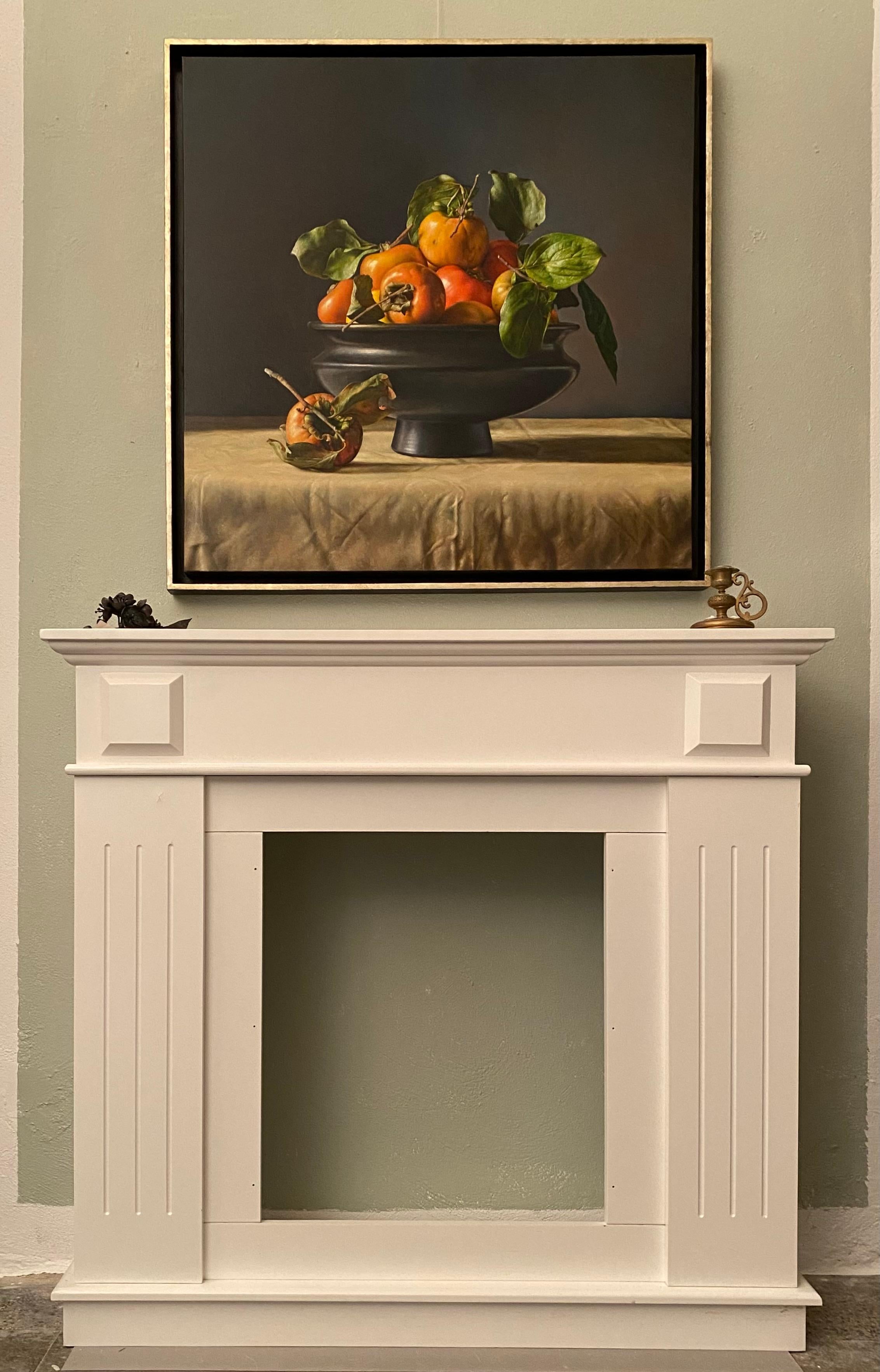 Persimmons fruit still life, orange and black italian contemporary oil painting - Painting by Gianluca Corona