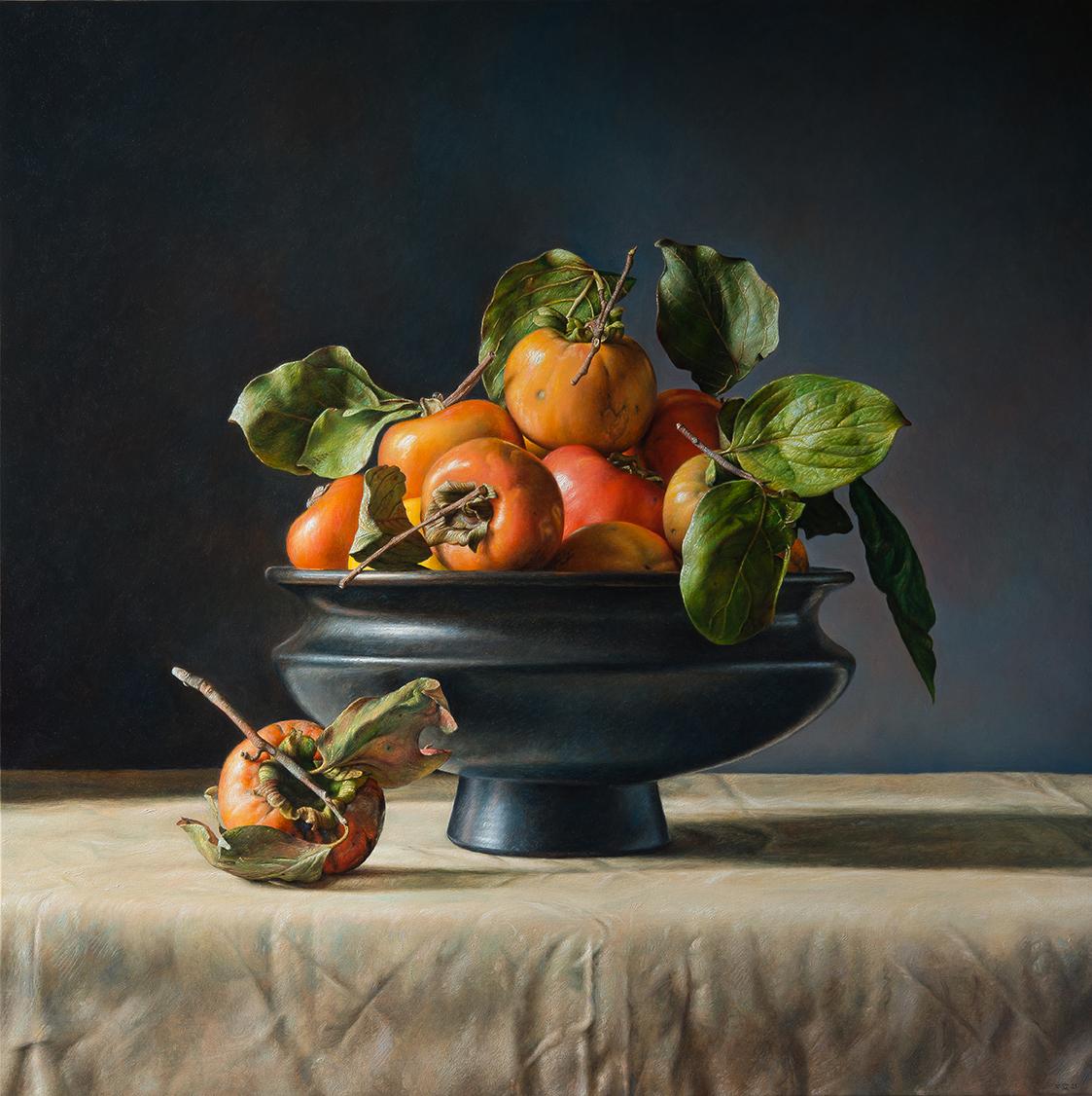 Gianluca Corona Figurative Painting - Persimmons fruit still life, orange and black italian contemporary oil painting