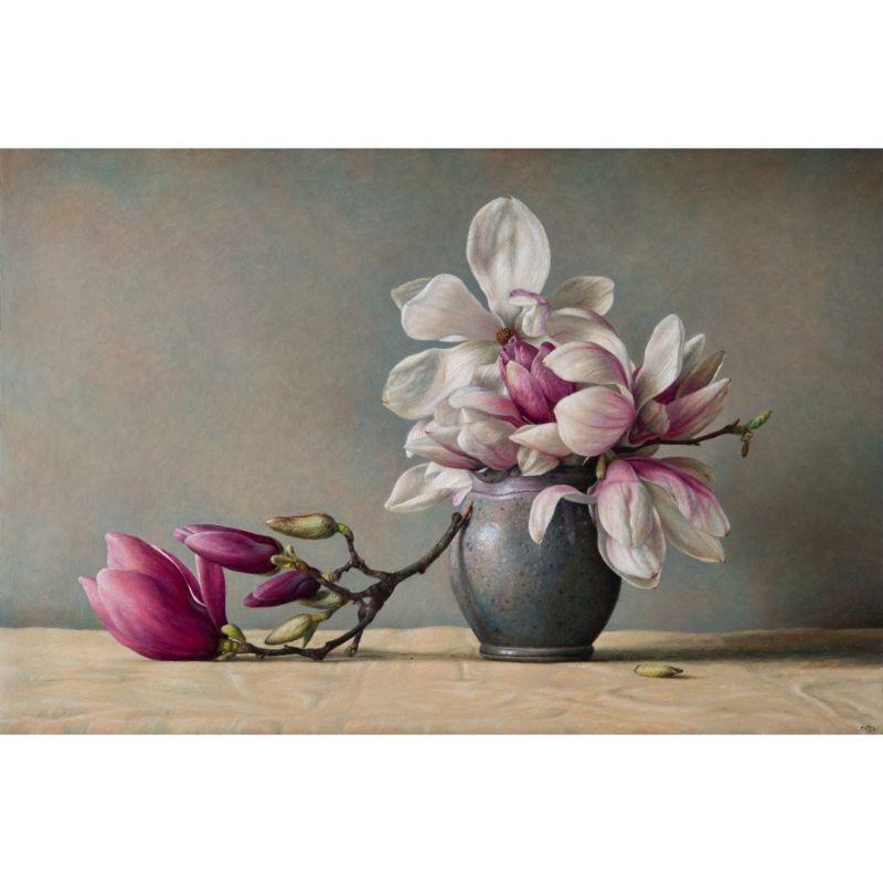Gianluca Corona Figurative Painting - pink and white flower still life painting over grey by master italian painter