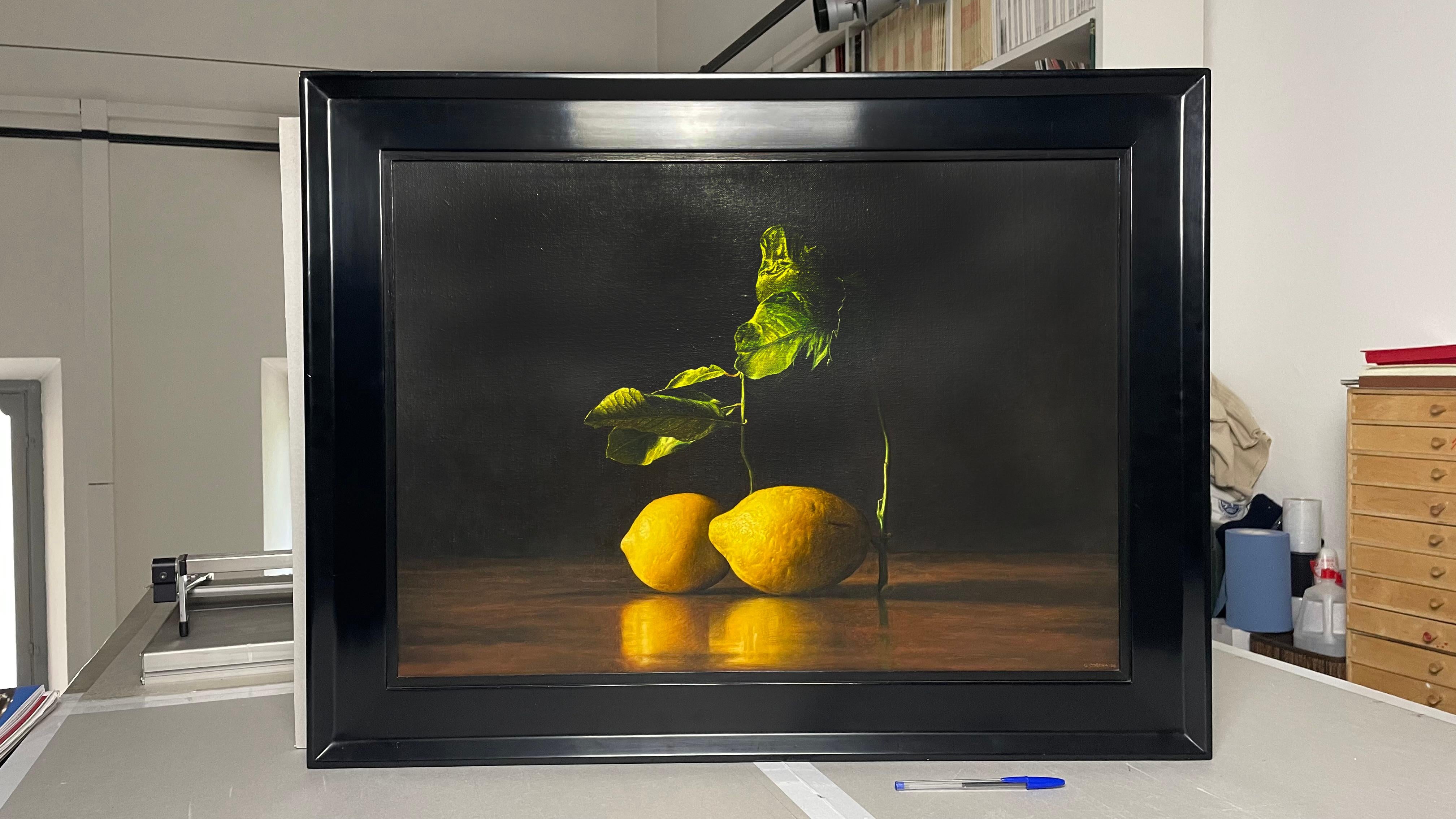 fine art Lemons still life oil painting on wood - brown foreground  - Painting by Gianluca Corona