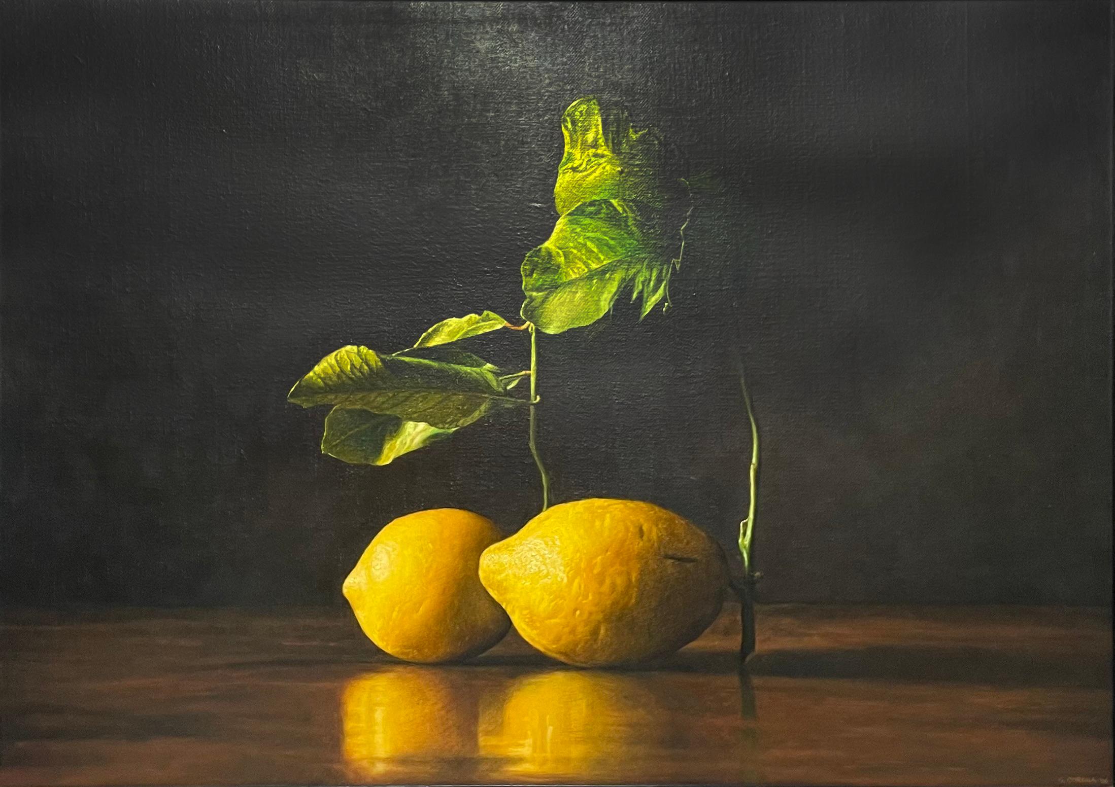 Gianluca Corona Figurative Painting - fine art Lemons still life oil painting on wood - brown foreground 