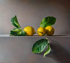 Yellow & green lemons still life oil painting, by finest Italian master