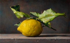 Poetic still life painting yellow, green and black of lemon by italian painter