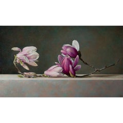 purple and pink flower over black background by master italian oil painter