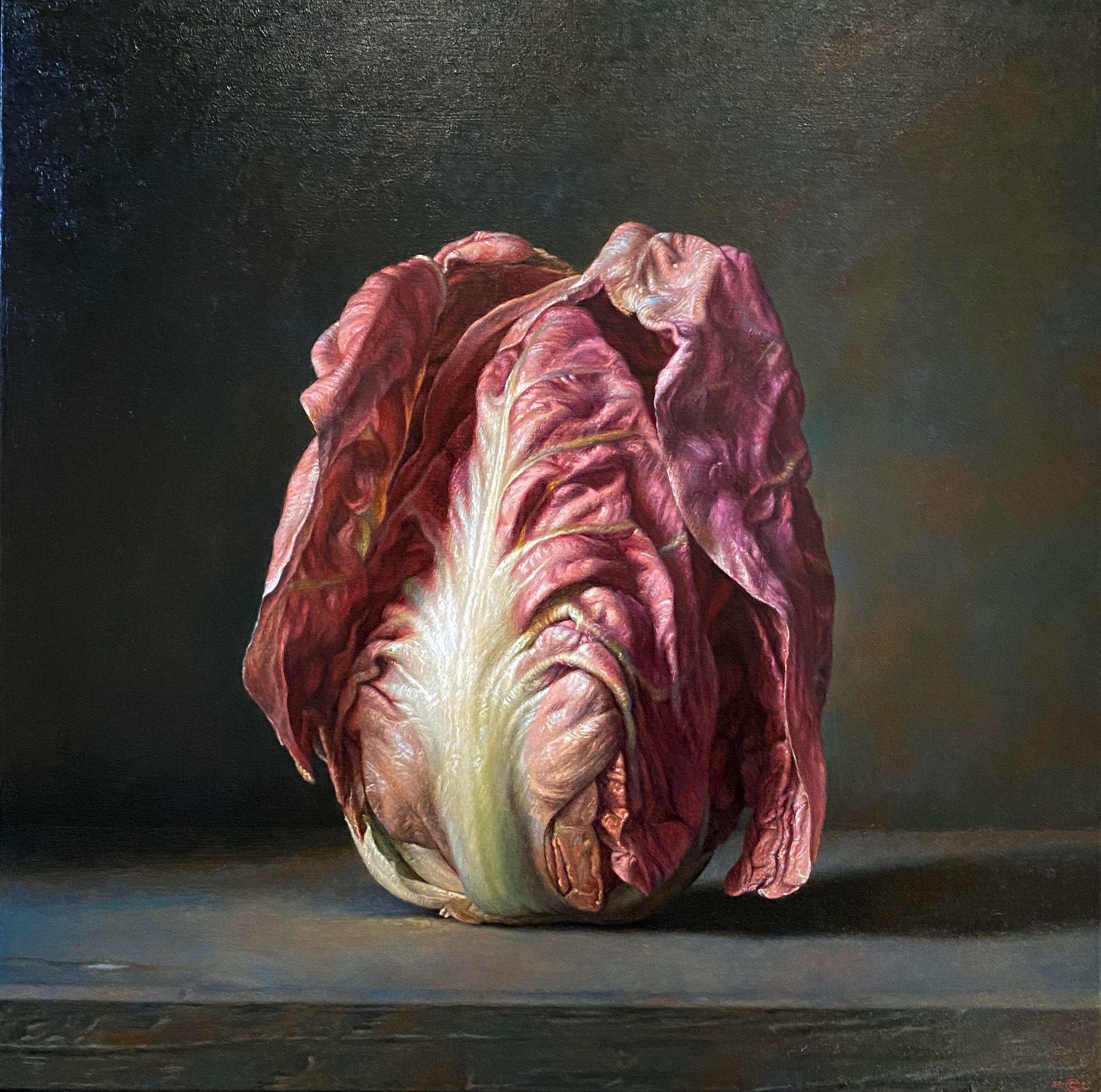 Gianluca Corona Figurative Painting - Red and violet radish still life over black background by expert italian painter
