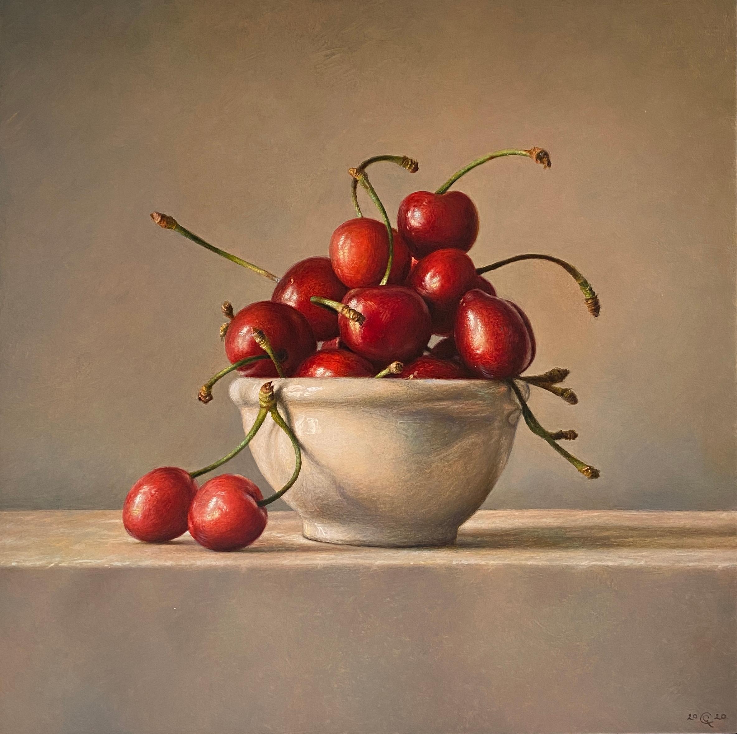 Gianluca Corona Figurative Painting - Red white and black cherry still life by master italian oil painter