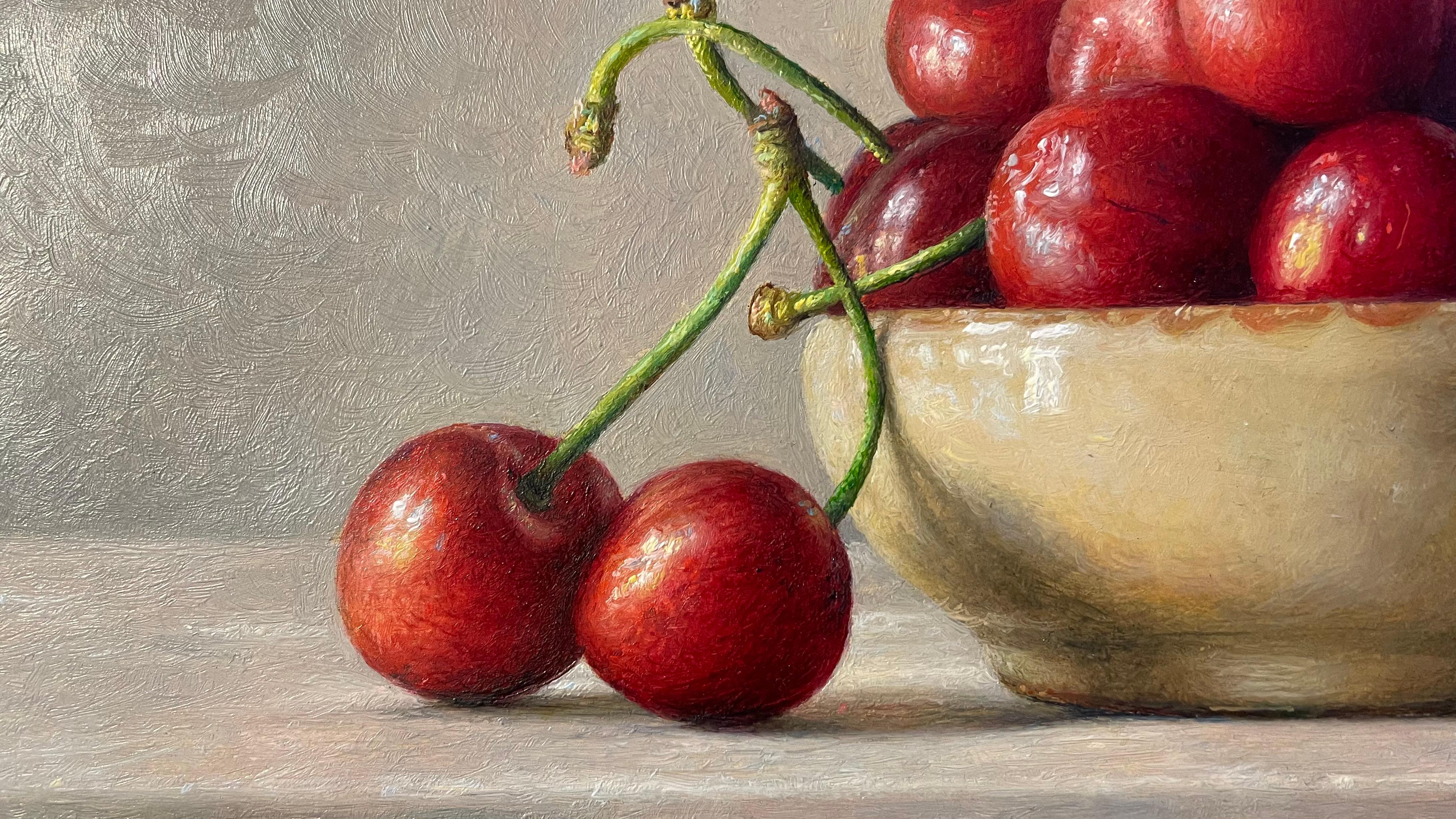 Superb oil painting of plentiful bowl of cherries by italian master Corona - Painting by Gianluca Corona