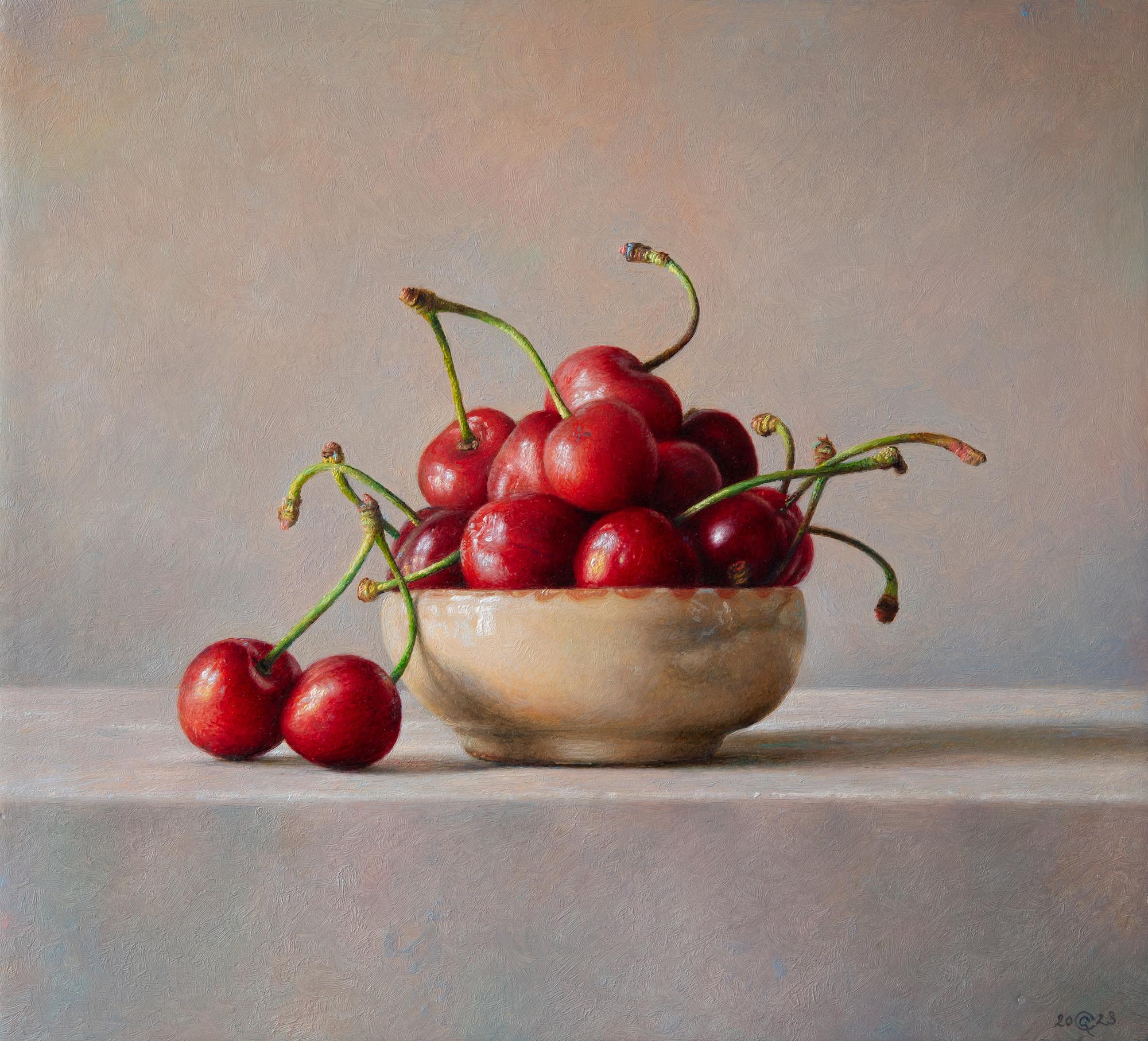 Gianluca Corona Figurative Painting - Superb oil painting of plentiful bowl of cherries by italian master Corona