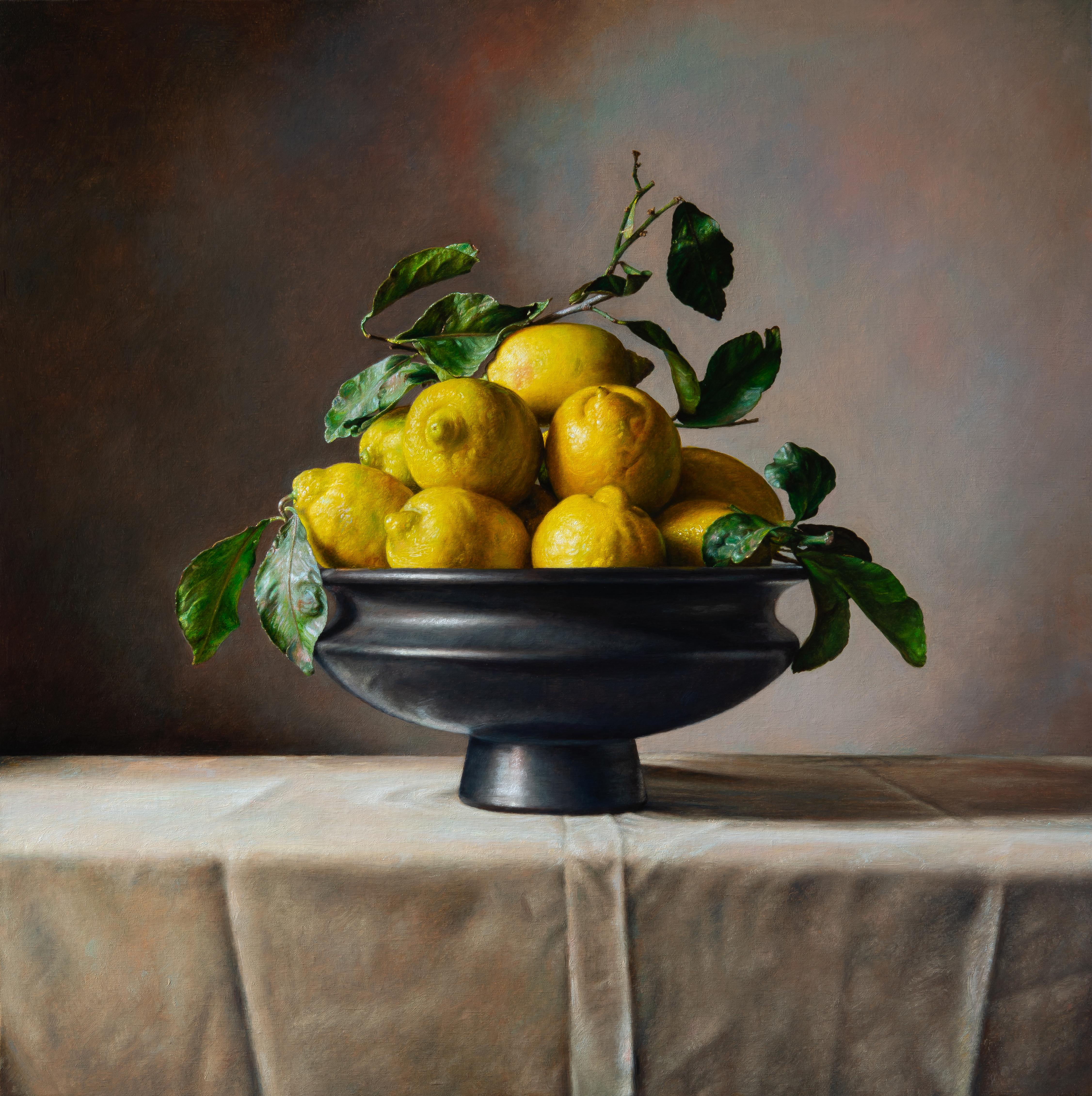 Yellow lemons still life painting made by fine Italian Maestro