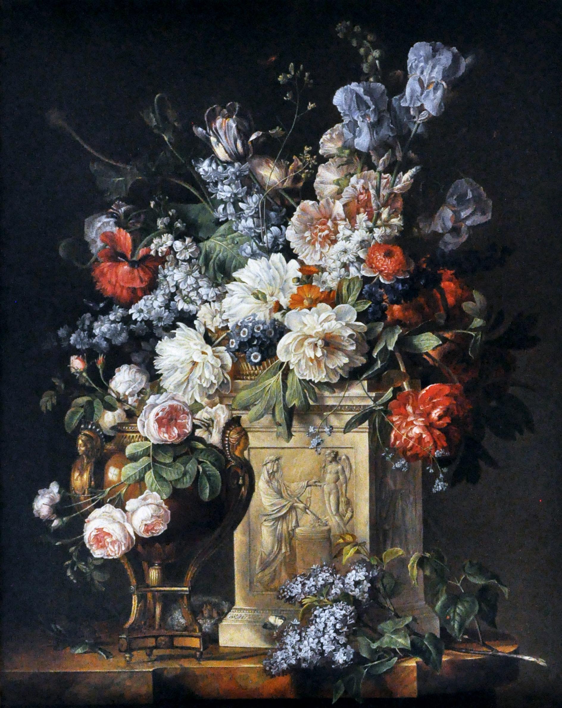 BOUQUET OF FLOWERS ON A COLUMN - Gianluca d'Este Italian oil on canvas painting - Painting by Gianluca D'Este
