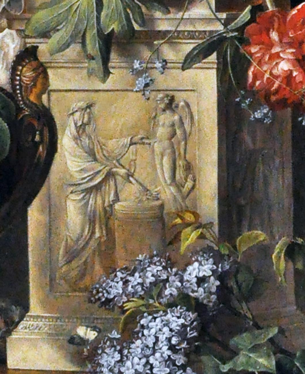 BOUQUET OF FLOWERS ON A COLUMN - Gianluca d'Este Italian oil on canvas painting - Brown Still-Life Painting by Gianluca D'Este