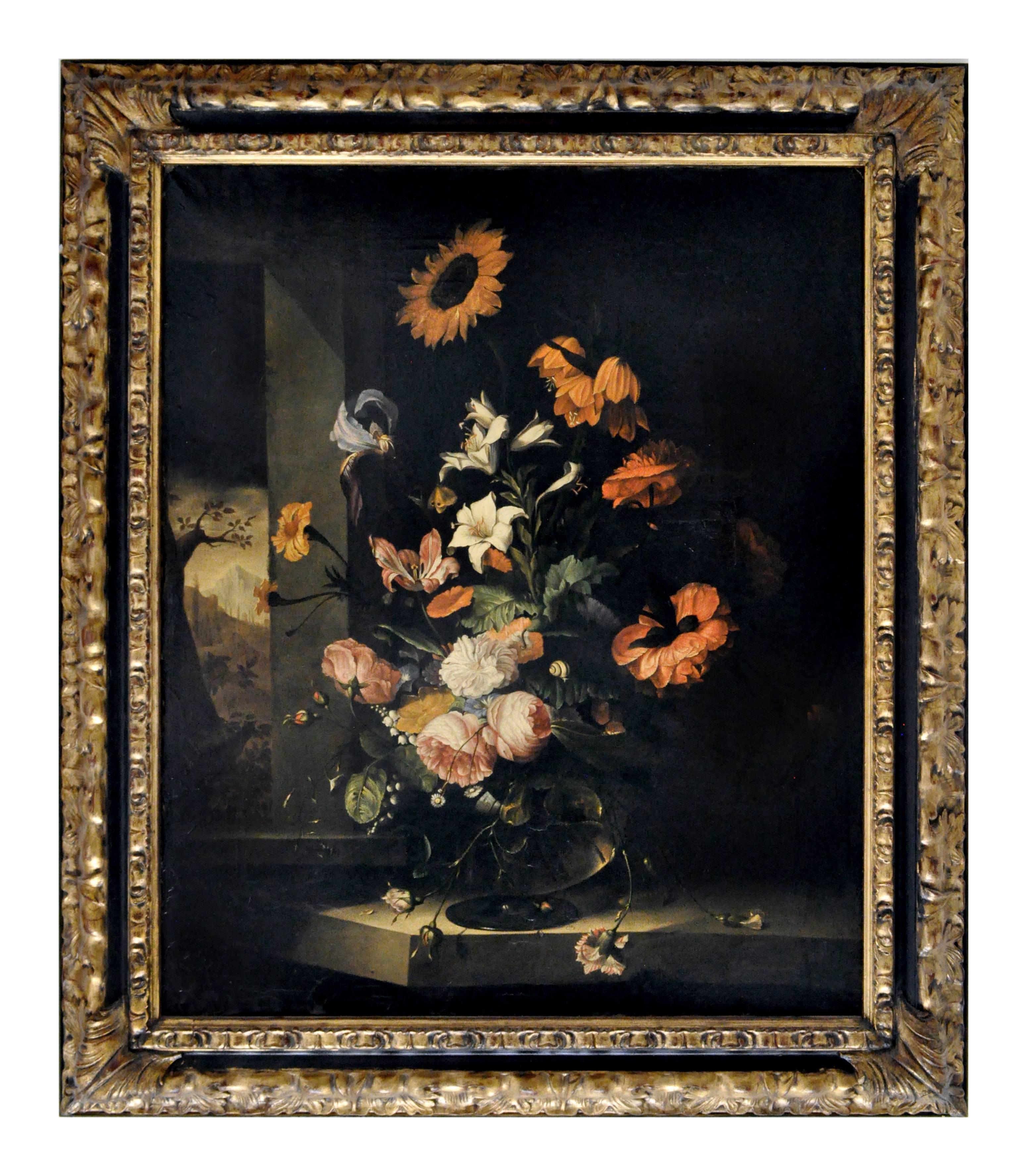 Gianluca D'Este Still-Life Painting - FLOWERS-In the Manner of Jacob van Wascapelle -Italian Still Life Oil on Canvas 