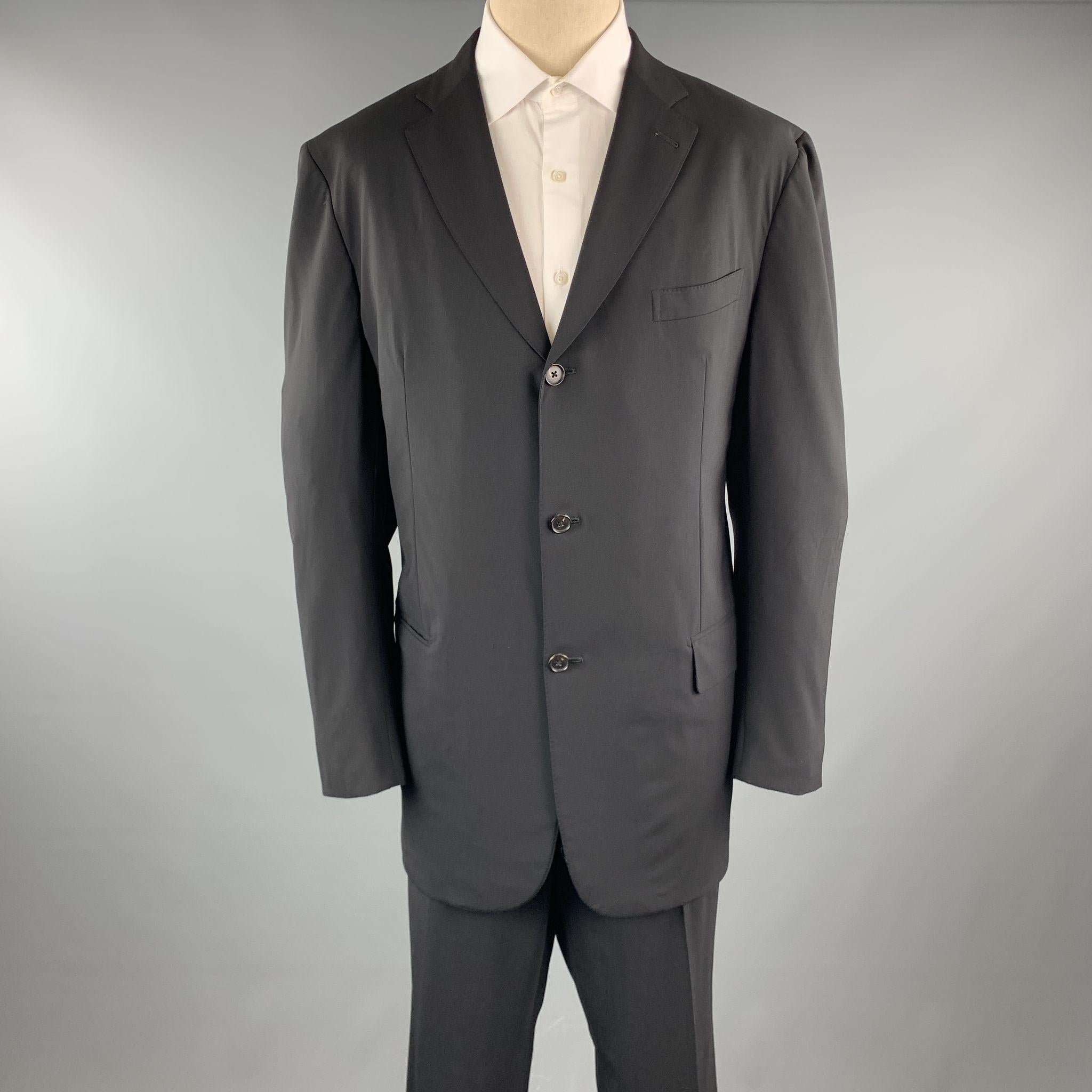 GIANLUCA ISAIA long suit comes in a black wool and includes a single breasted, three button sport coat with a notch lapel and matching front trousers. As-Is. Made in Italy.

Good Pre-Owned Condition.
Marked: 56

Measurements:

-Jacket
Shoulder: 20