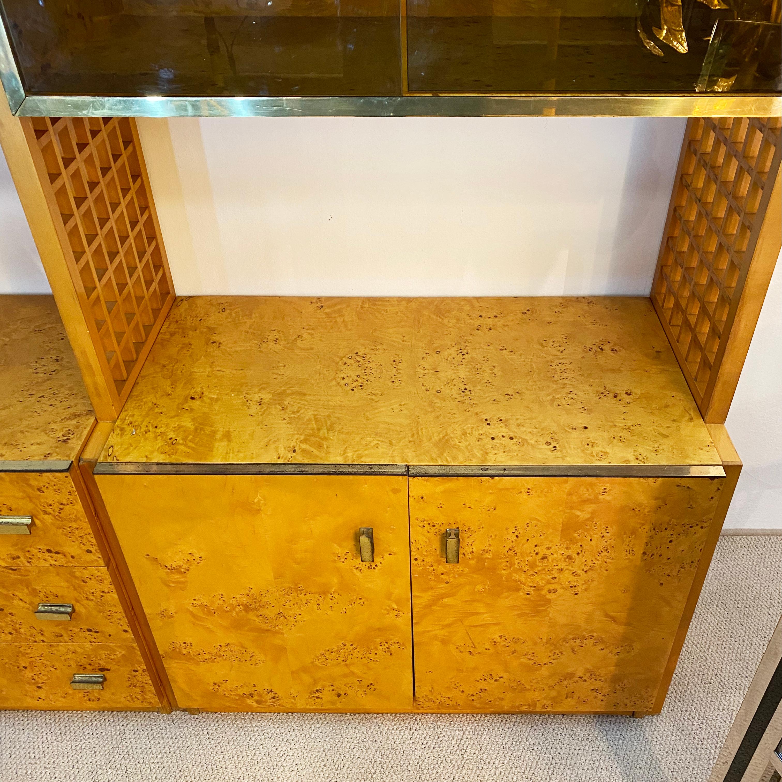 Gianluigi Gorgoni 1970s Brass Burl Wood Glass Display Cabinet Bookshelf Rizzo  For Sale 2