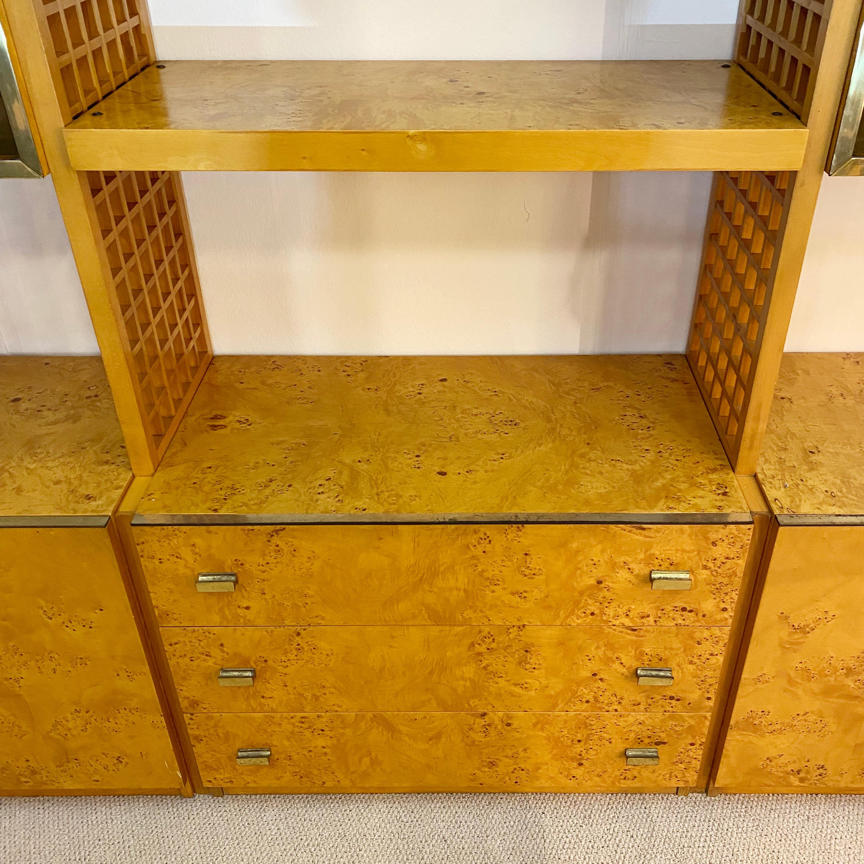 Gianluigi Gorgoni 1970s Brass Burl Wood Glass Display Cabinet Bookshelf Rizzo  For Sale 3