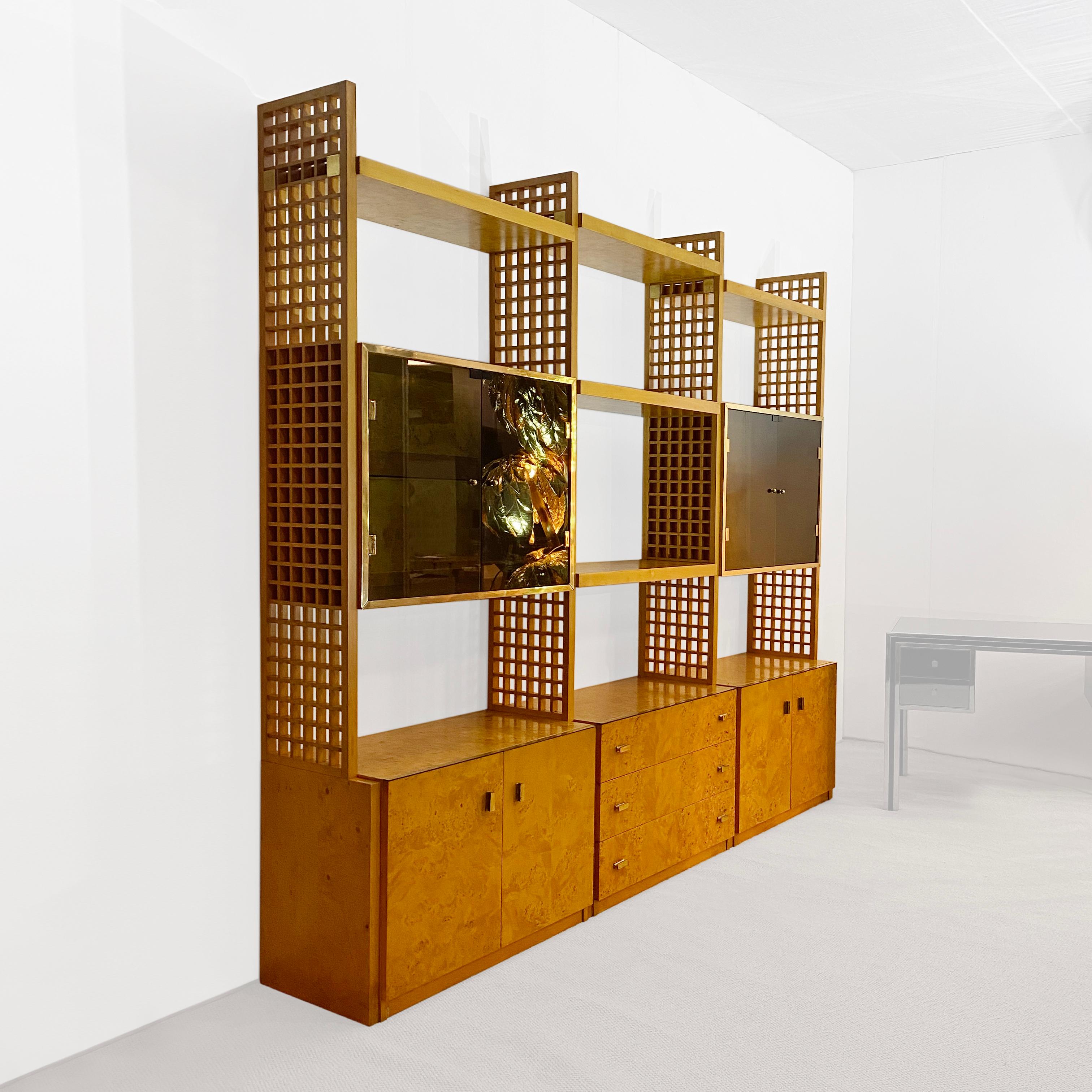 Italian Gianluigi Gorgoni 1970s Brass Burl Wood Glass Display Cabinet Bookshelf Rizzo  For Sale