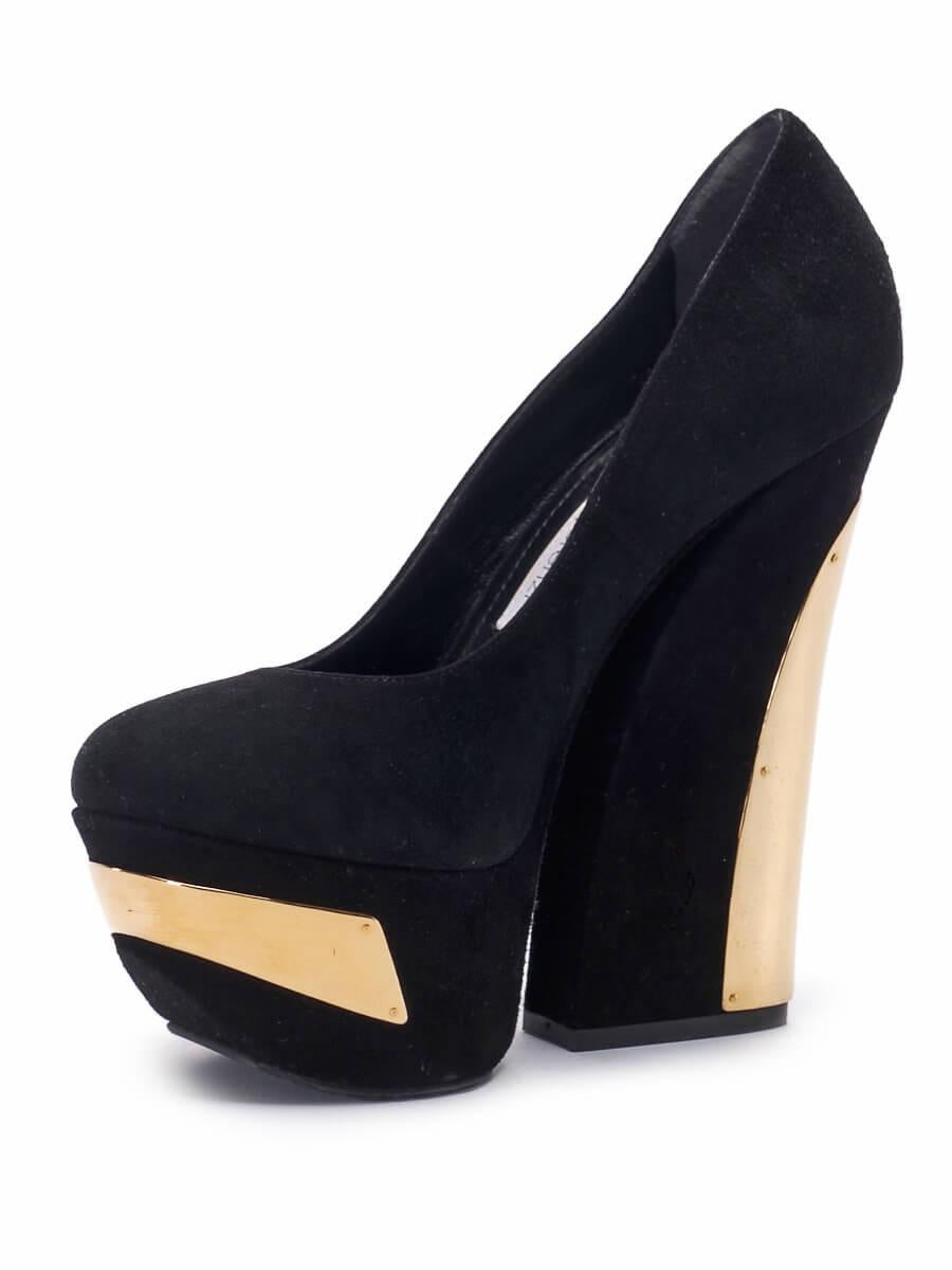CONDITION is Good. Light wear to heels is evident. Light wear to the exterior gold plate where scratches and scuffs can be seen on this used Gianmarco Lorenzi designer resale item.   Details  Black Suede Slip on heels Platform high heel Round toe