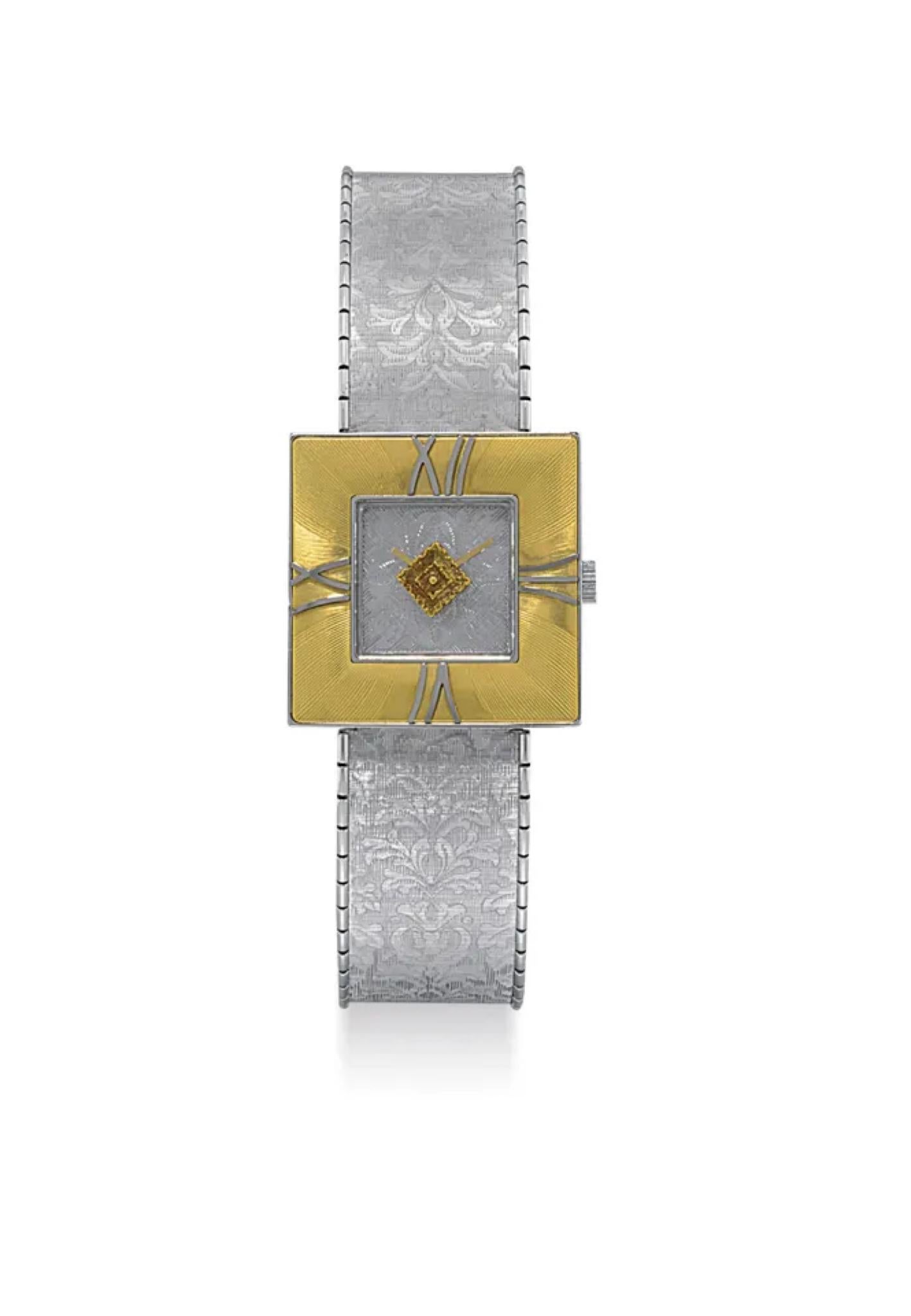 Gianmaria Buccellati A limited edition white gold and yellow gold bracelet watch, Circa 1998. Number 028 of a series of only 100 watches, of those 100 watches production included white and yellow gold. 

Dial: silvered
Calibre: quartz,