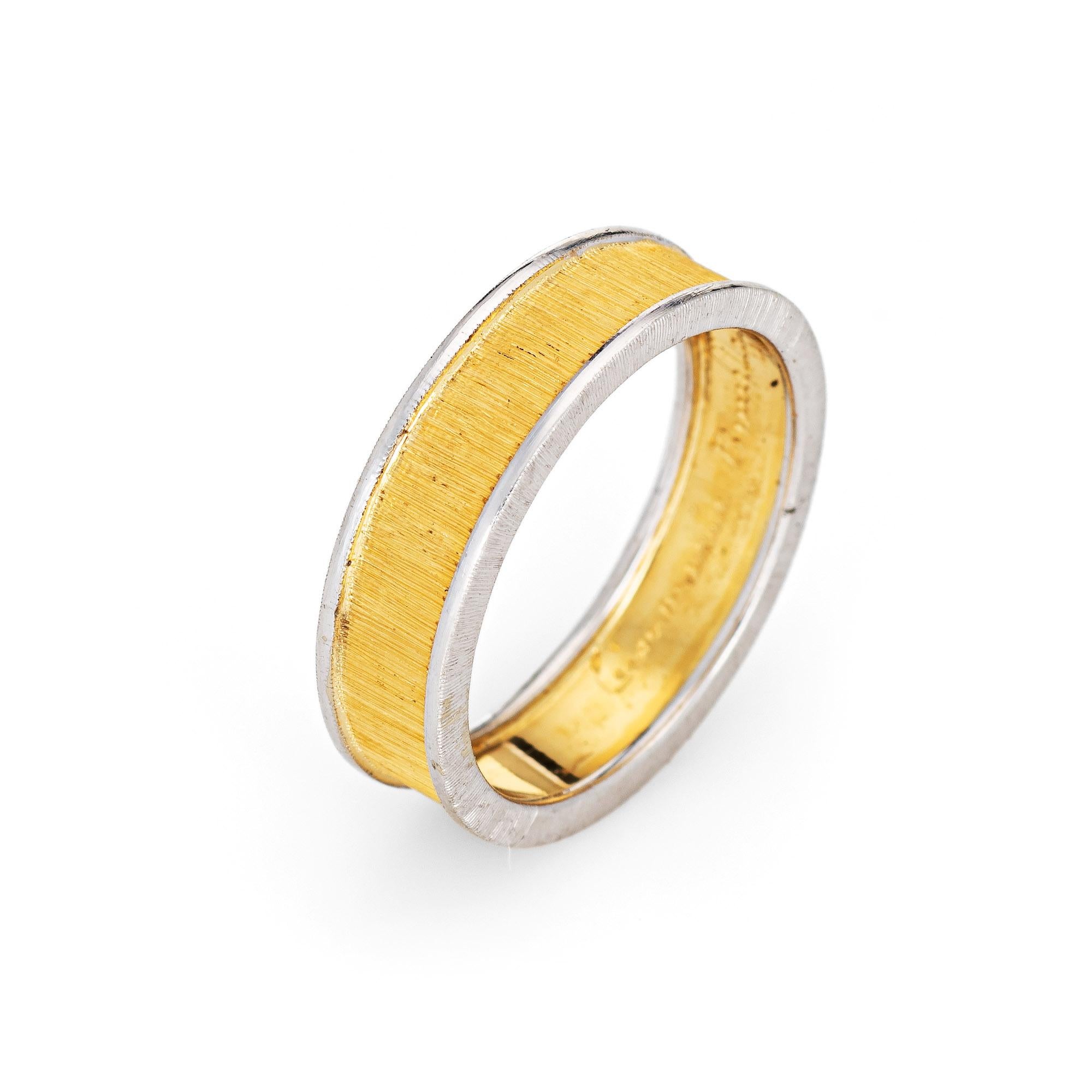 Estate Gianmaria Buccellati band crafted in 18k yellow & white gold (circa 1990s).  

The band features hand engraved textured gold detail to the yellow gold portion of the band, a distinct hallmark of Buccellati jewelry, with white gold detail