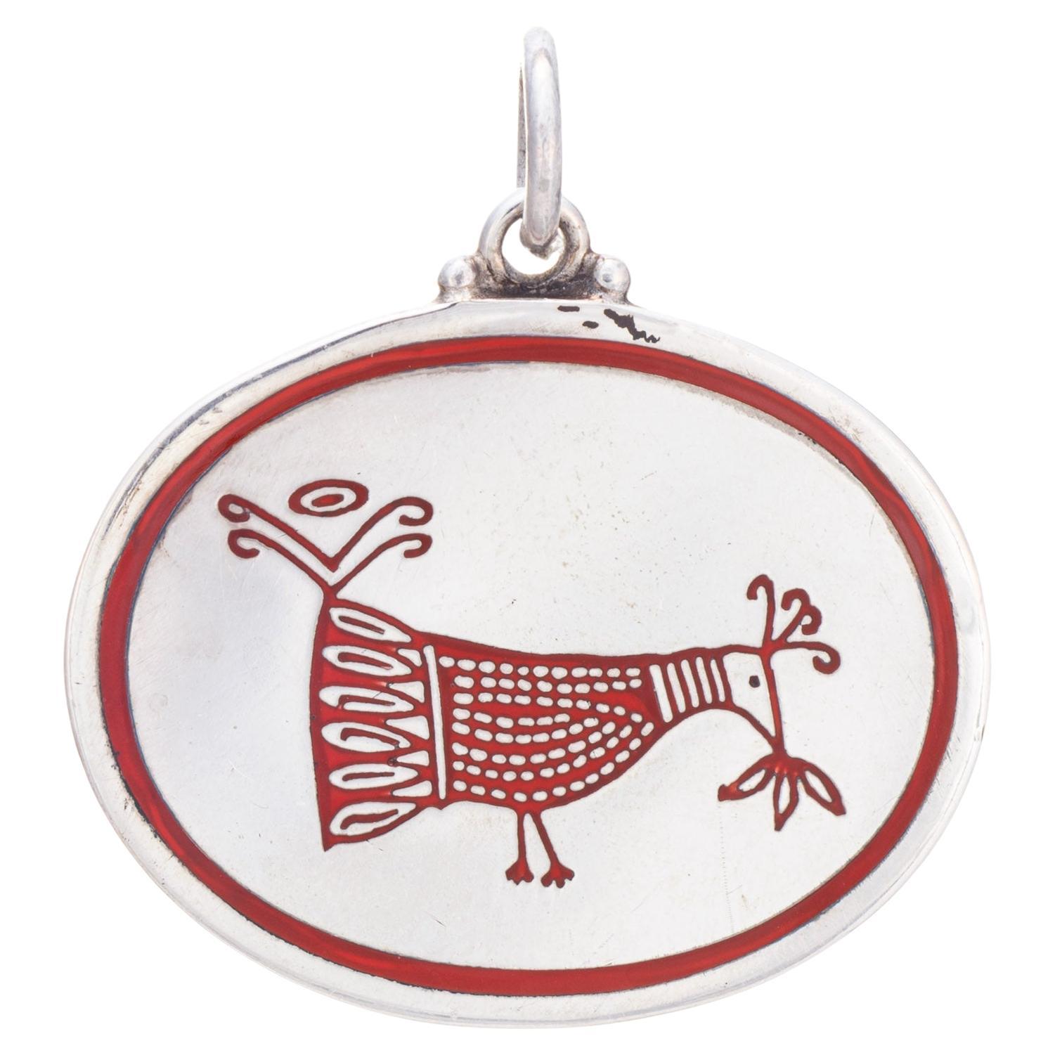 Gianmaria Buccellati Bird Medallion Pendant Sterling Silver Red Enamel Estate For Sale