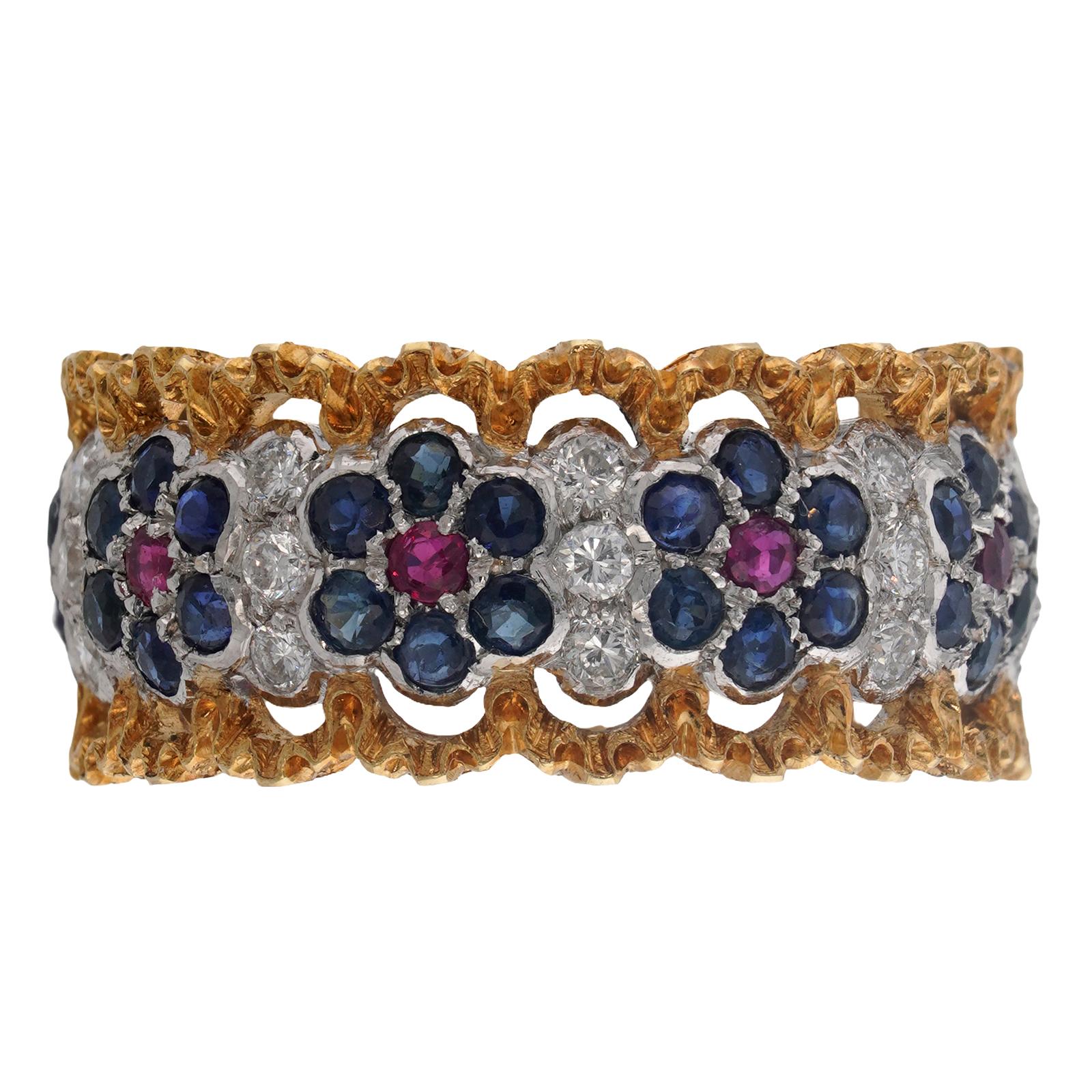 Anello Gianmaria Buccellati in oro giallo con diamante e zaffiro e rubino In condizioni ottime in vendita a New York, NY