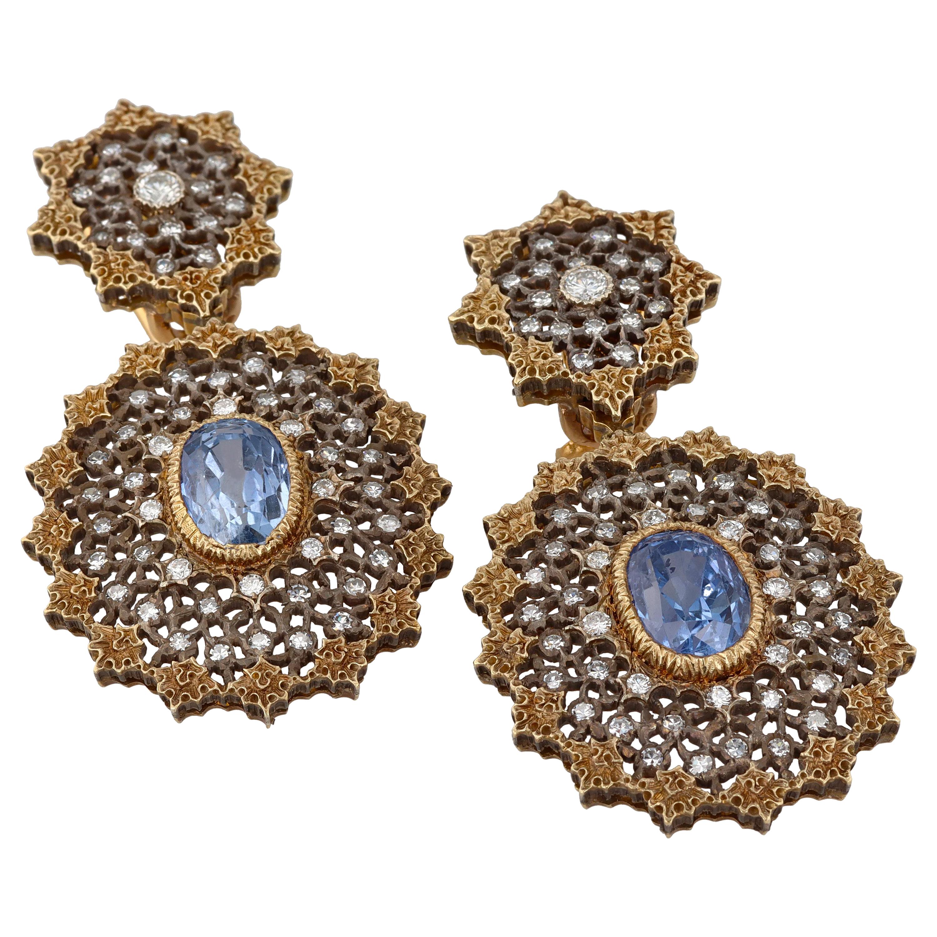 Gianmaria Buccellati Sapphire and Diamond Textured Gold and Silver Earrings For Sale