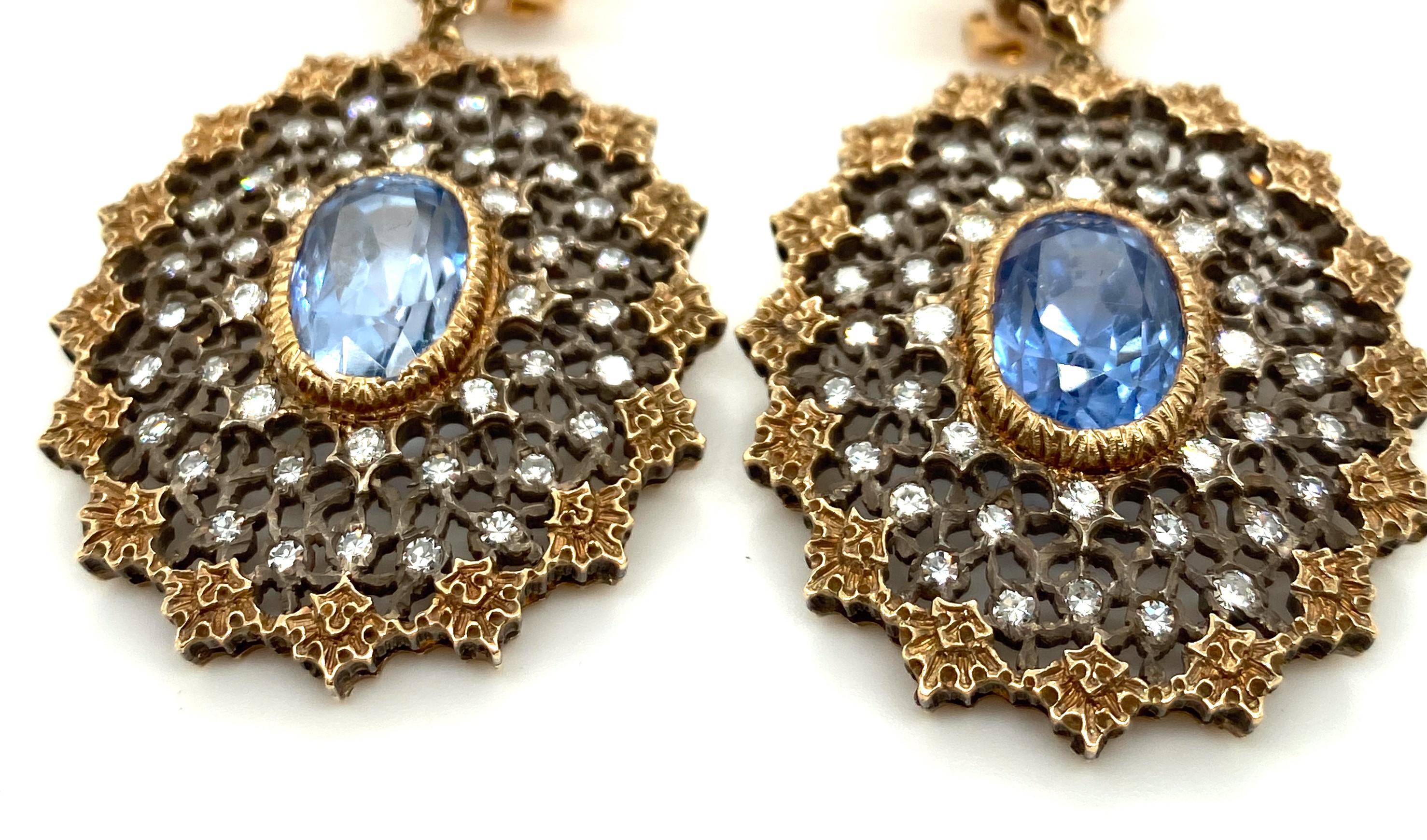 Edwardian Gianmaria Buccellati Sapphire and Diamond Textured Gold and Silver Earrings For Sale