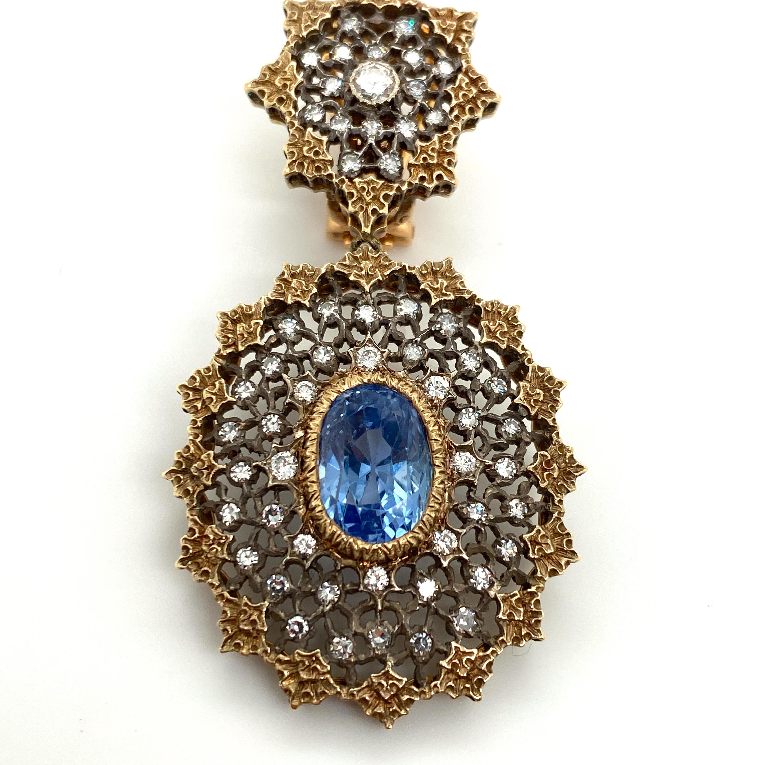 Oval Cut Gianmaria Buccellati Sapphire and Diamond Textured Gold and Silver Earrings For Sale